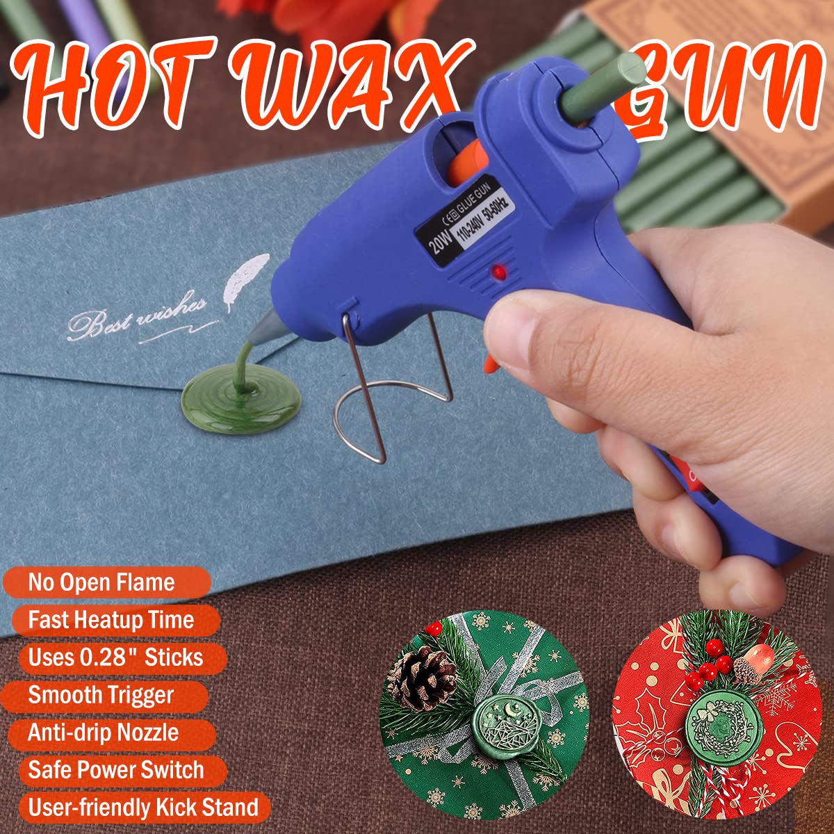 Wax Seal Kits, Wasole 20Pcs Pine Green Sealing Wax Sticks with 1 Pieces Glue Gun Set for Wax Seal Stamp, Great for Wedding Invitations, Birthday Cards, Envelopes, Gift Wrapping (Pine Green)