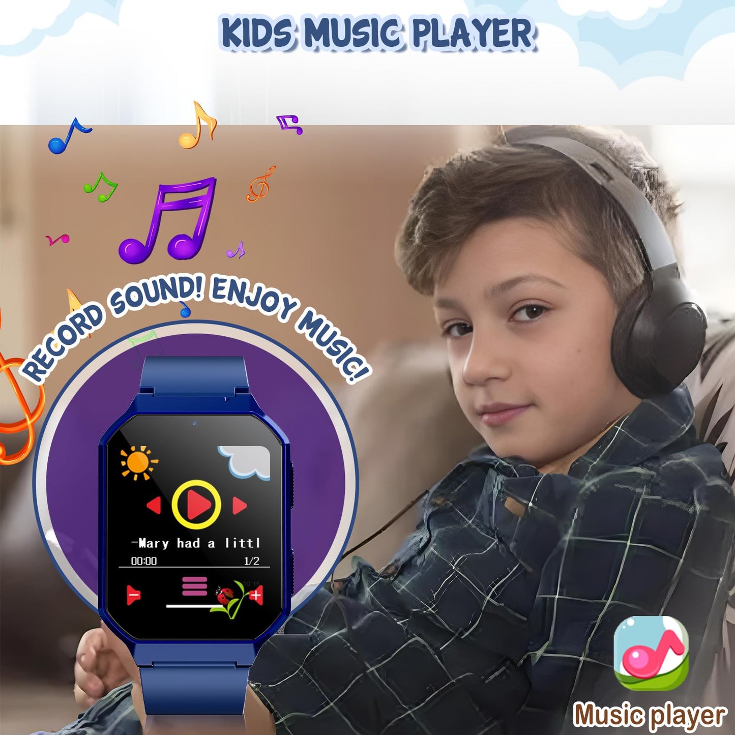 DERUI Smart Watch for Kids 3-12 Years Boys Girls, 26 Puzzle Games, Smartwatch with Camera, Pedometer, Stopwatch, Video Voice Music Player Calendar Alarm Clock Learn Card for Children Gifts (Blue)