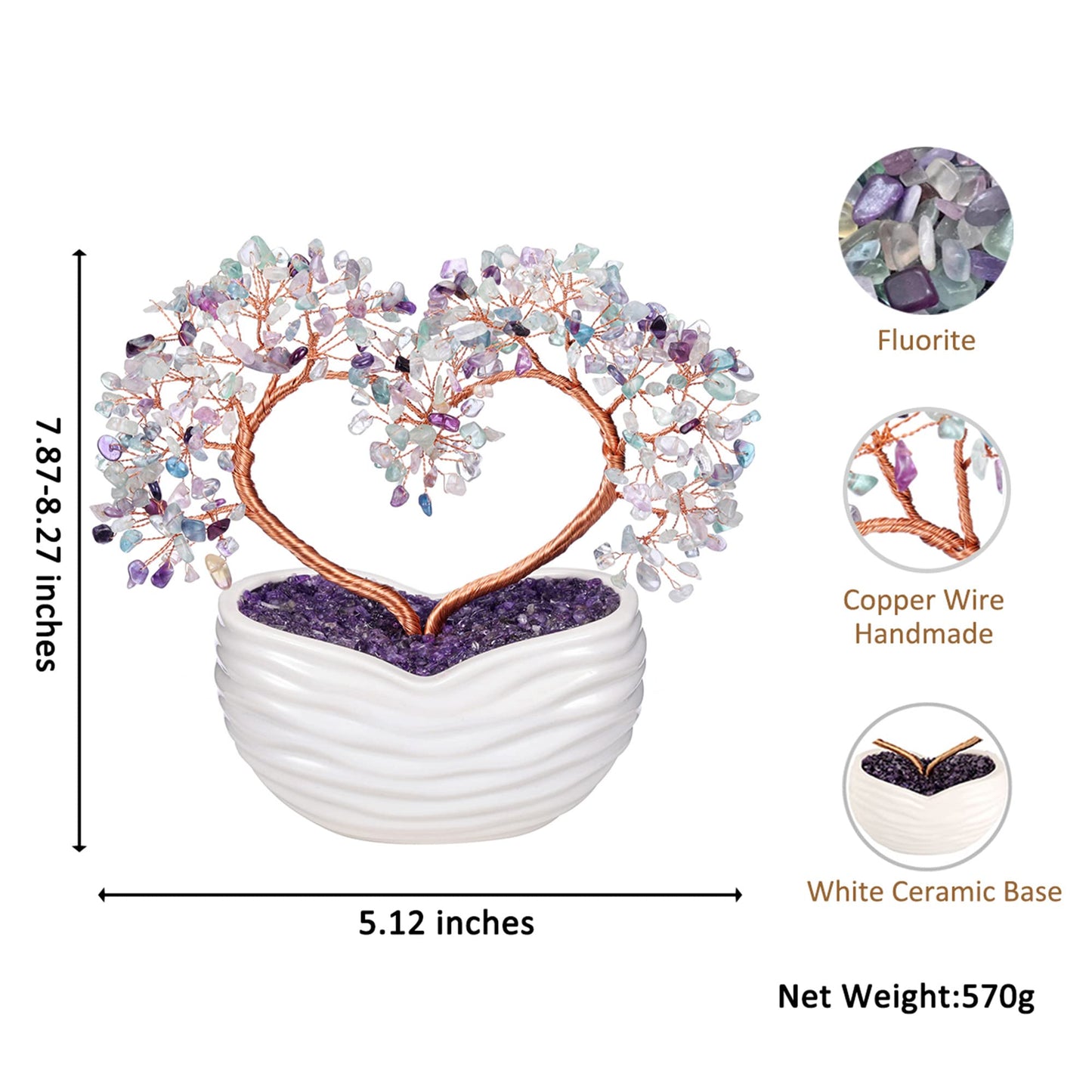 GEHECRST Fluorite Crystal Tree Handmade Healing Crystal Gemstone Heart Stone Bonsai Tree Energy Feng Shui Ornament Crystal Gifts for Mom Mothers Day Women Home Office Desk Decor Christmas
