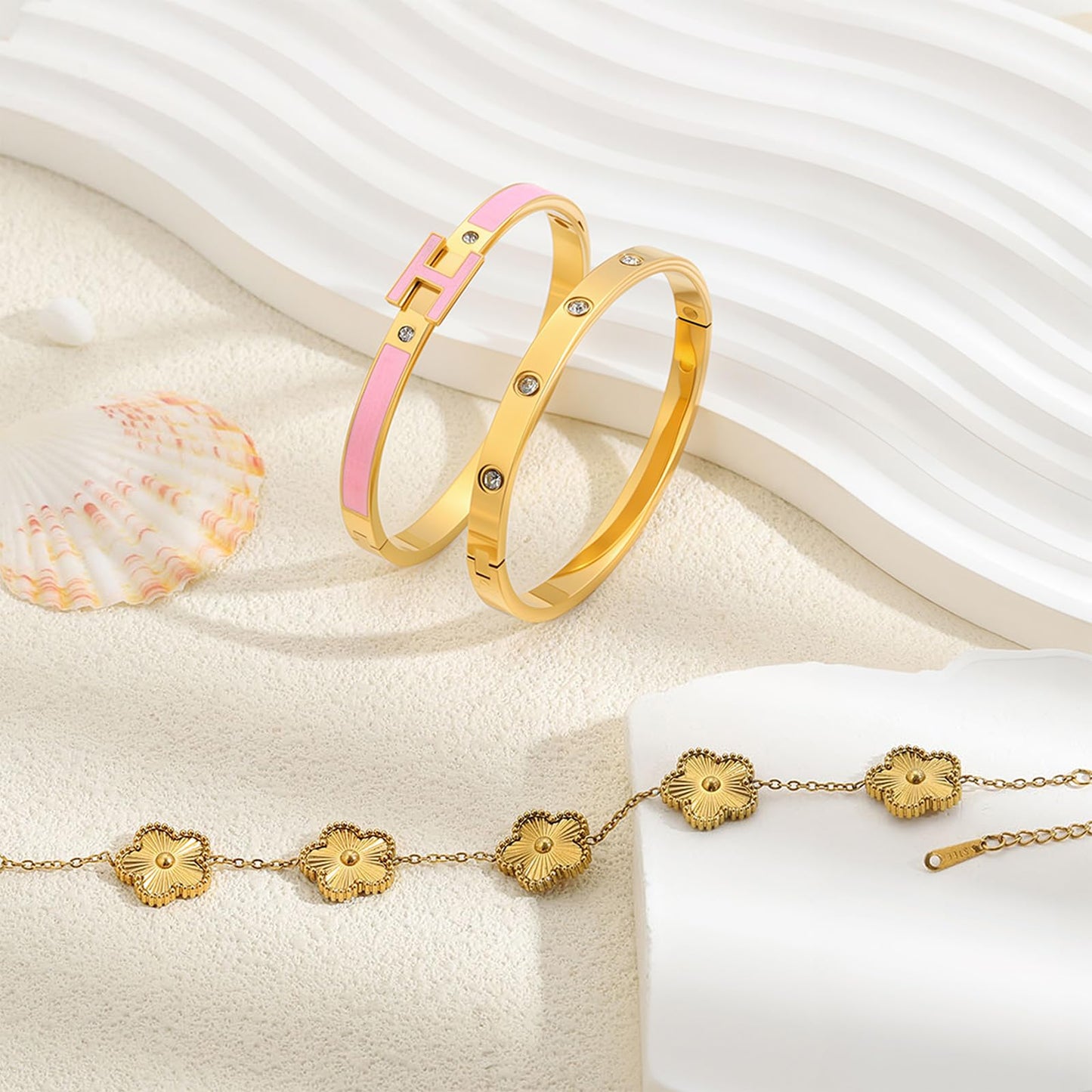 Camhanno Gold Clover Bracelets for Women - 18K Gold Plated Stainless Steel Dainty H Bangle Bracelets| Daily & Party Wear Jewelry, Easter Christmas Mothers Day Gifts