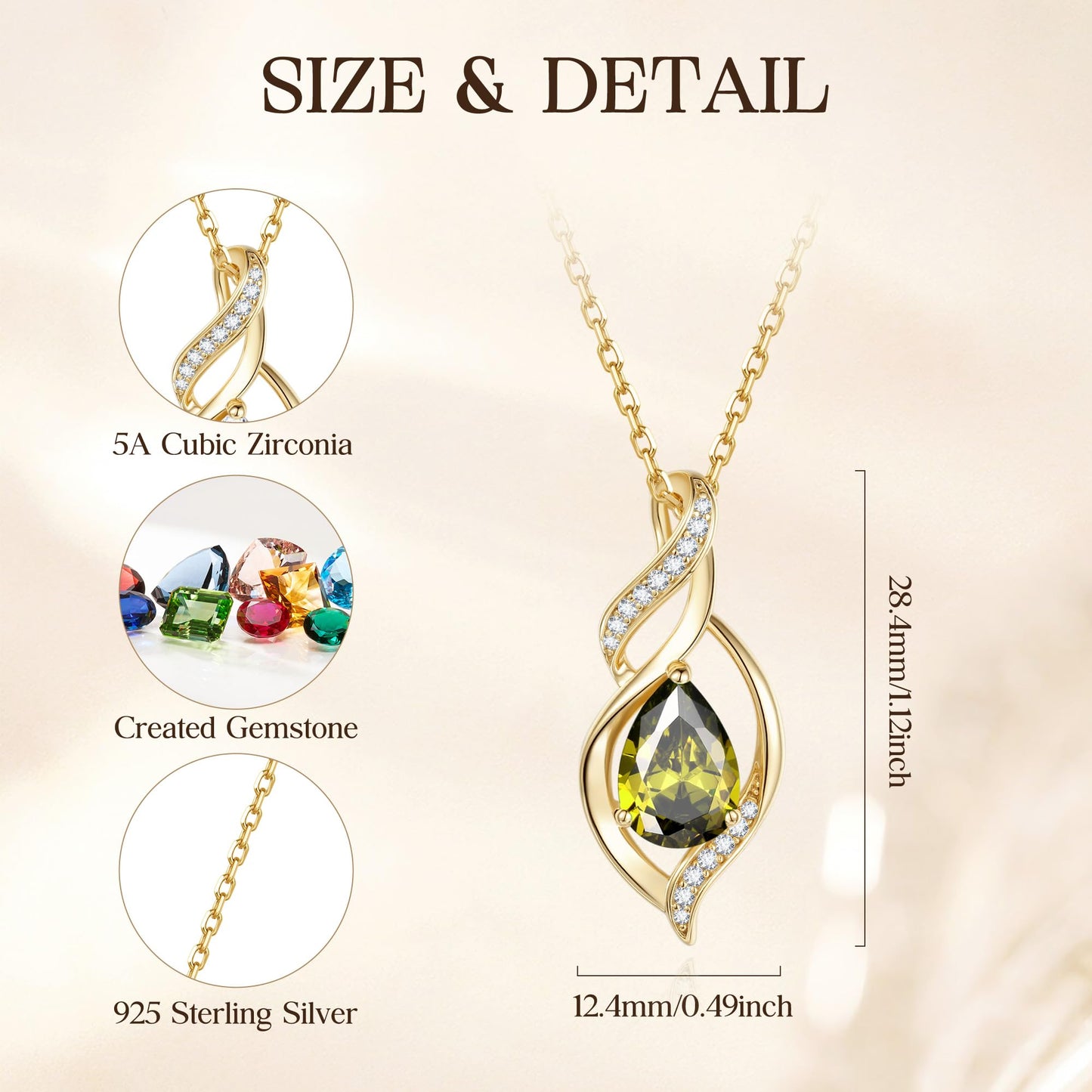 FANCIME 14K Gold Plated August Birthstone Necklace for Women Peridot Teardrop Necklace Sterling Silver Infinity Love Birthday Gifts for Women, 16"+2" Inches