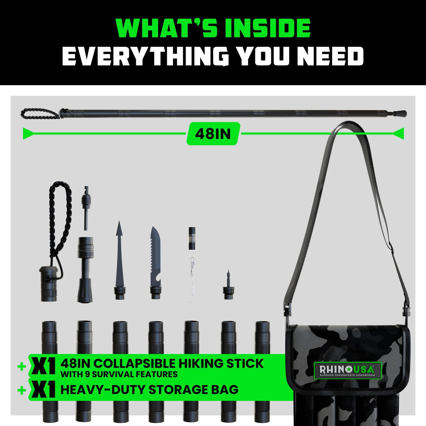 Rhino USA Tactical Hiking Stick with Integrated Survival Kit – Essential Camping Gear for Hiking & Trekking – Durable Tactical Gear for Outdoor Adventures