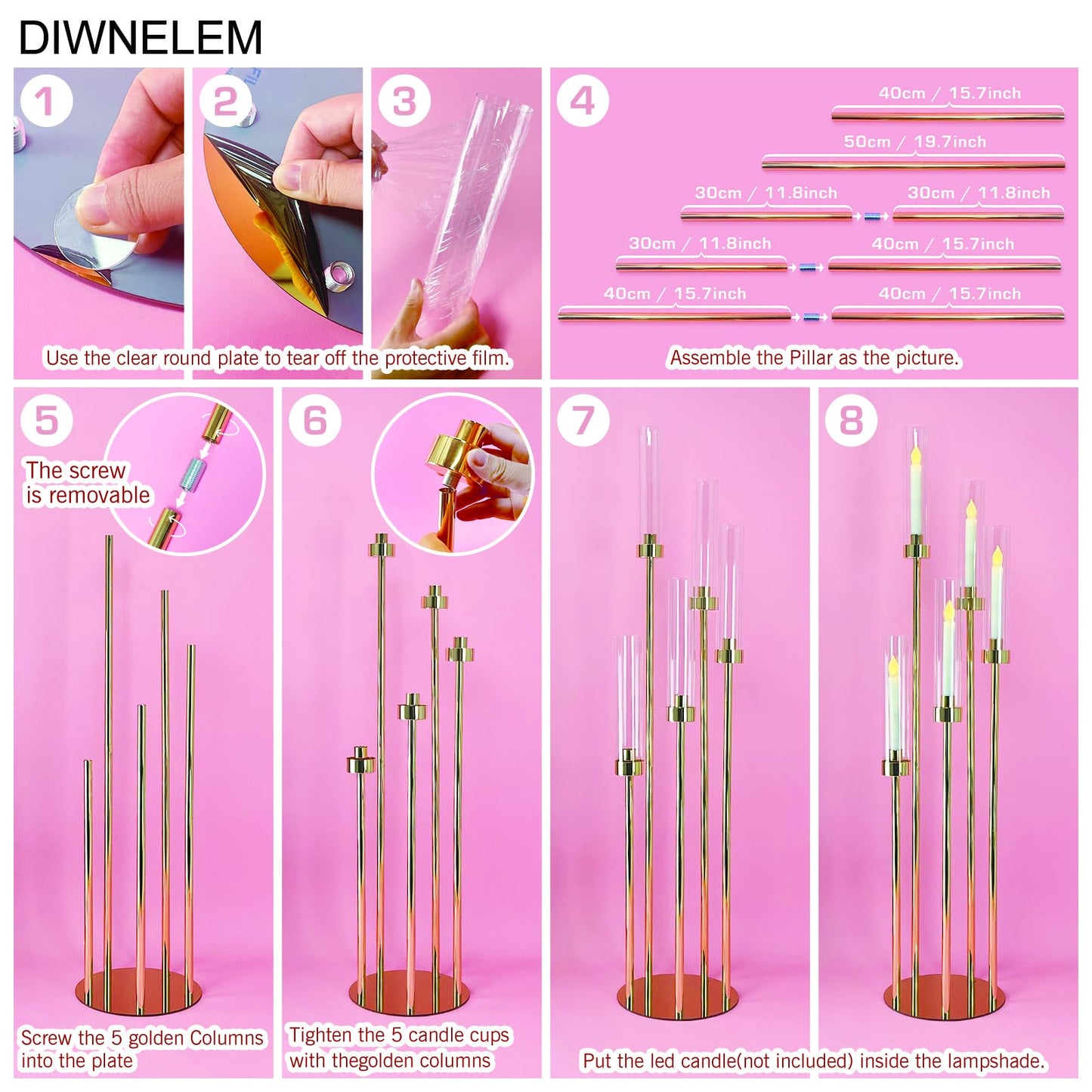 DIWNELEM 4 Pcs Gold Candelabra Centerpieces 5 Arm 42" Tall Metal Candle Holder Floor Candelabra Wedding Centerpieces Metal Candlestick Holders with Acrylic Removable Lampshade for Christmas Decoration"