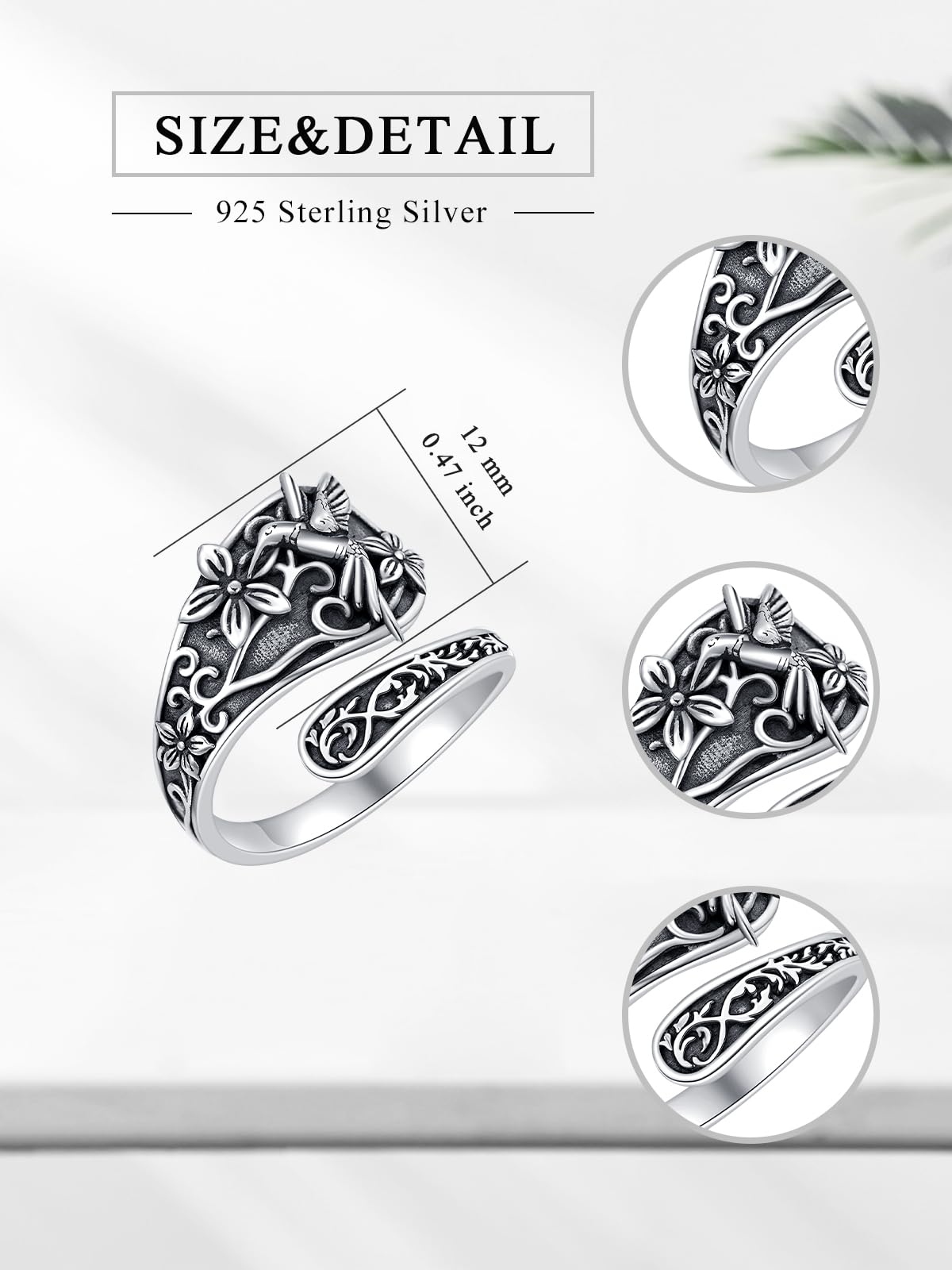 Midari Hummingbird Spoon Rings Sterling Silver Hummingbird Ring for Women Bird Ring Adjustable Hummingbird Thumb Rings Vintage Open Ring Hummingbird Jewelry for Women(Customization)
