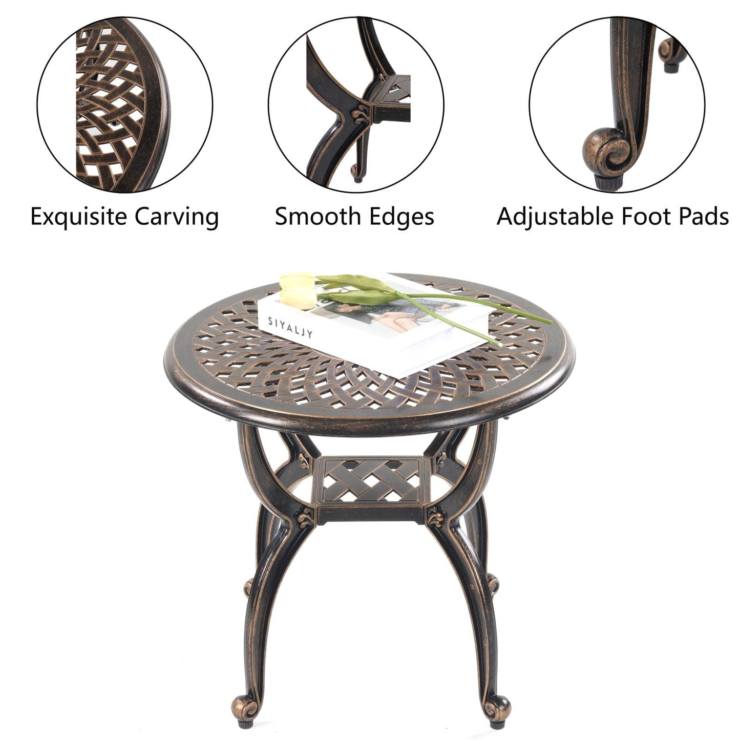 Mandolin Outdoor Patio,Rust -Resistant Cast Aluminum Side Table,Weather Resistant End Table，Coffee Table， Perfect for Patio, Backyard Or Garden. (Aluminum Round, Copper)