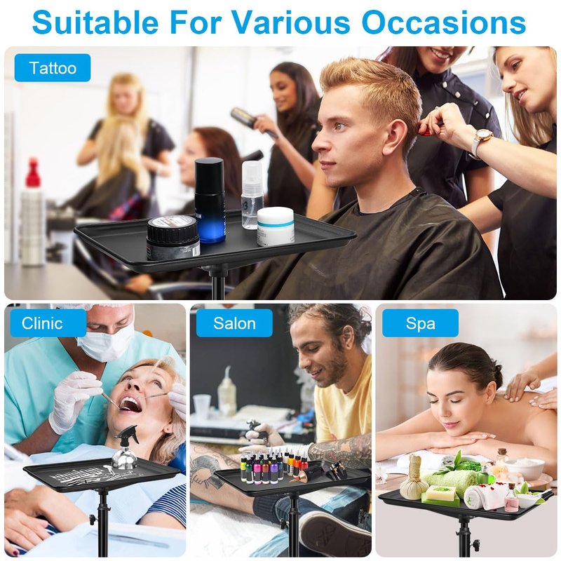 JOSTZHXIN Salon Rolling Tray, Premium Aluminum Tattoo Tray Rolling Cart, Height Adjustable Styling Tray, Service Storage Tray Trolley for Beauty Salon Clinic Spa