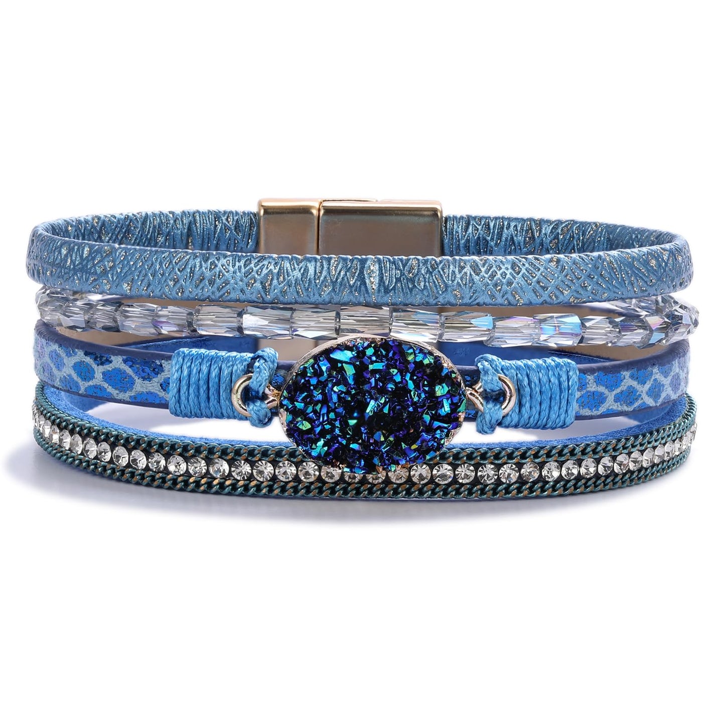 FANCY SHINY Boho Leather Wrap Bracelet Stackable Chunky Crystal Cuff Bracelets with Magnetic Clasp Cowboy Cowgirl Western Summer Beach Outfits Jewelry Gifts for Women (7.7", Royal Blue)