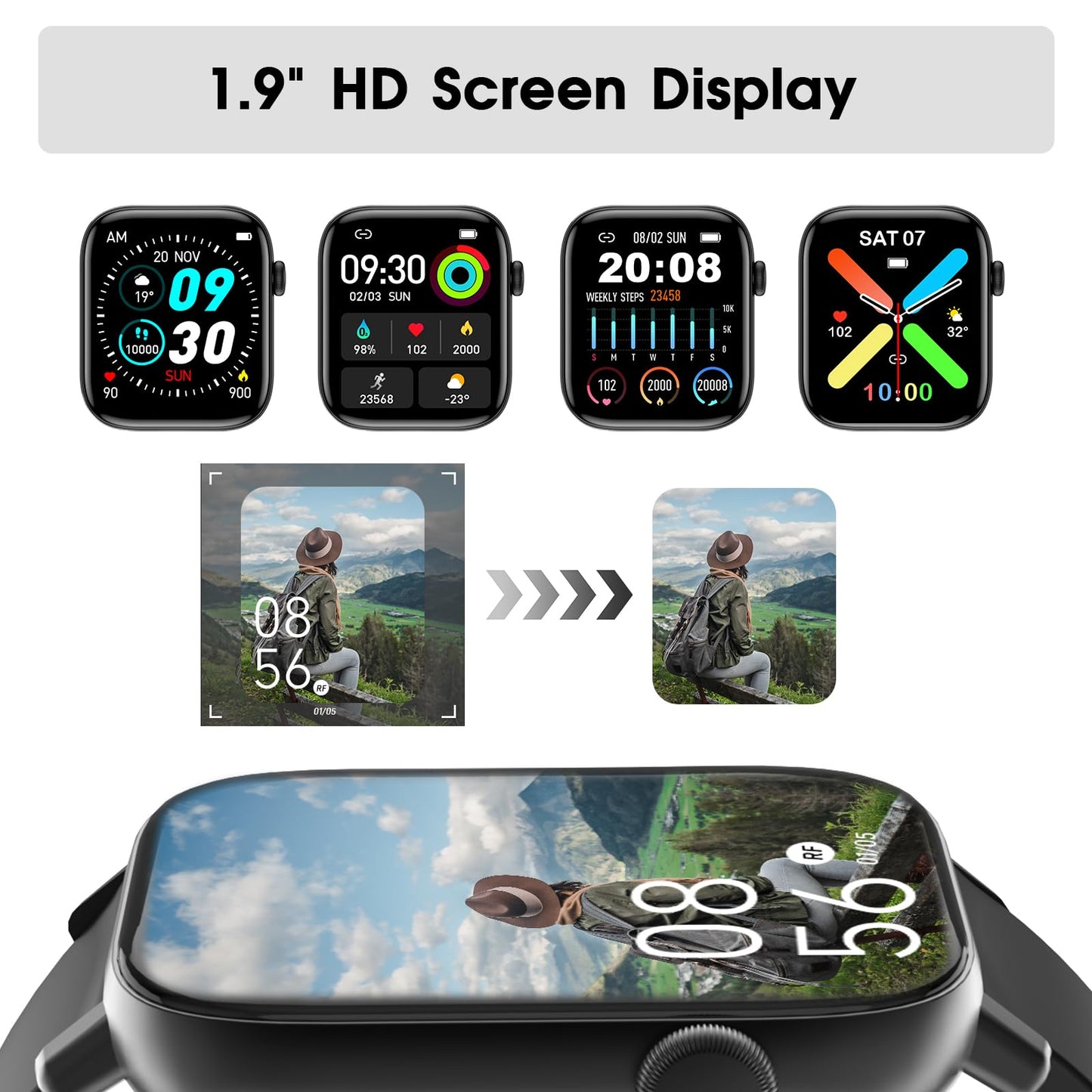 FTTMWTAG Smart Watch for Android iPhone-Call Receive/Dial/Read Message/AI Control-1.9" HD Screen-IP67 Waterproof Fitness Smartwatch-Blood Pressure/Heart Rate/SpO2/Sleep Monitor（Stone Black）
