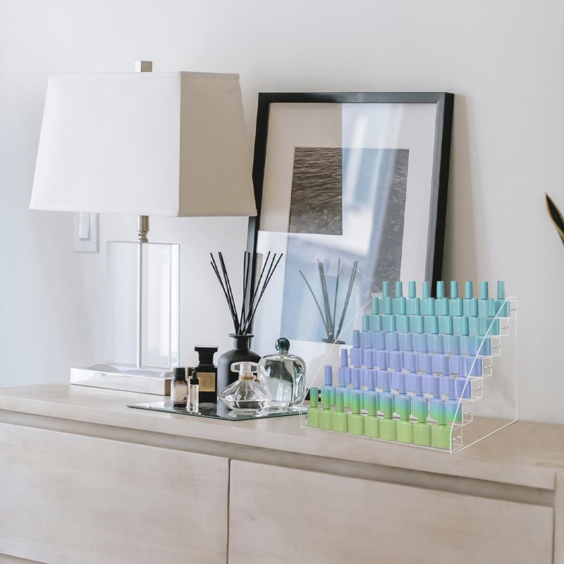 SMFANLIN 2 Packs 7 Tiers Nail Polish Holder Organizer, Multi-Level Acrylic Nail Polish Display Cases Rack, Clear Essential Oil Storage Display Stand - Hold up to 70 Bottles (2 Packs A)