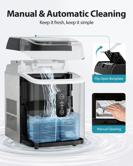 Aeitto Nugget Ice Maker Countertop, 42lbs/24H Ice Machine with 1.5L Water Tank, Rapid Ice Release in 6 Mins, Self-Cleaning Pebble Ice Maker with Basket and Scoop for Home Office RV and Party, Silver