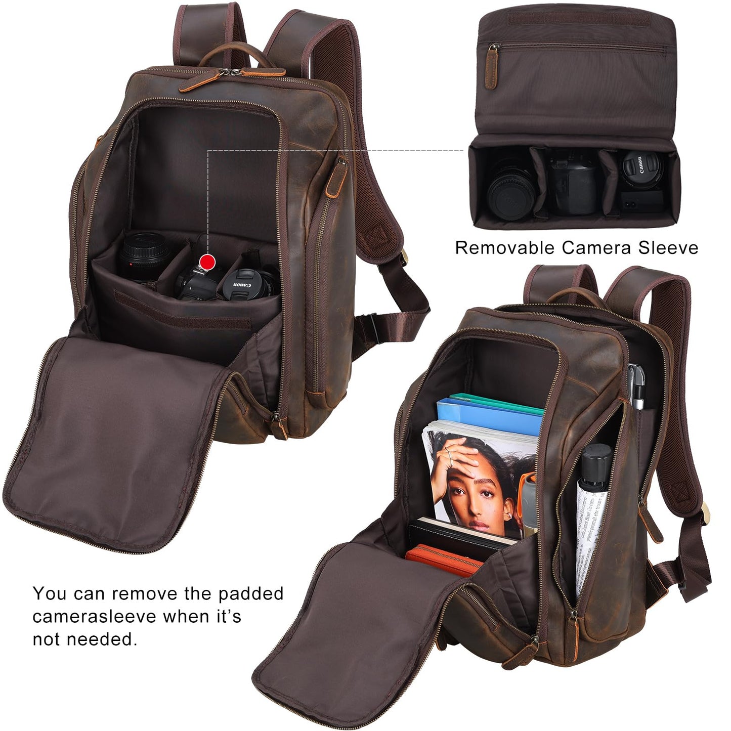 Masa Kawa Leather Backpack for Men with 16" Laptop & Camera Lens Sleeve, Multi Pockets Weekend Trip Business Travel Overnight Camping Bag, Vintage Brown