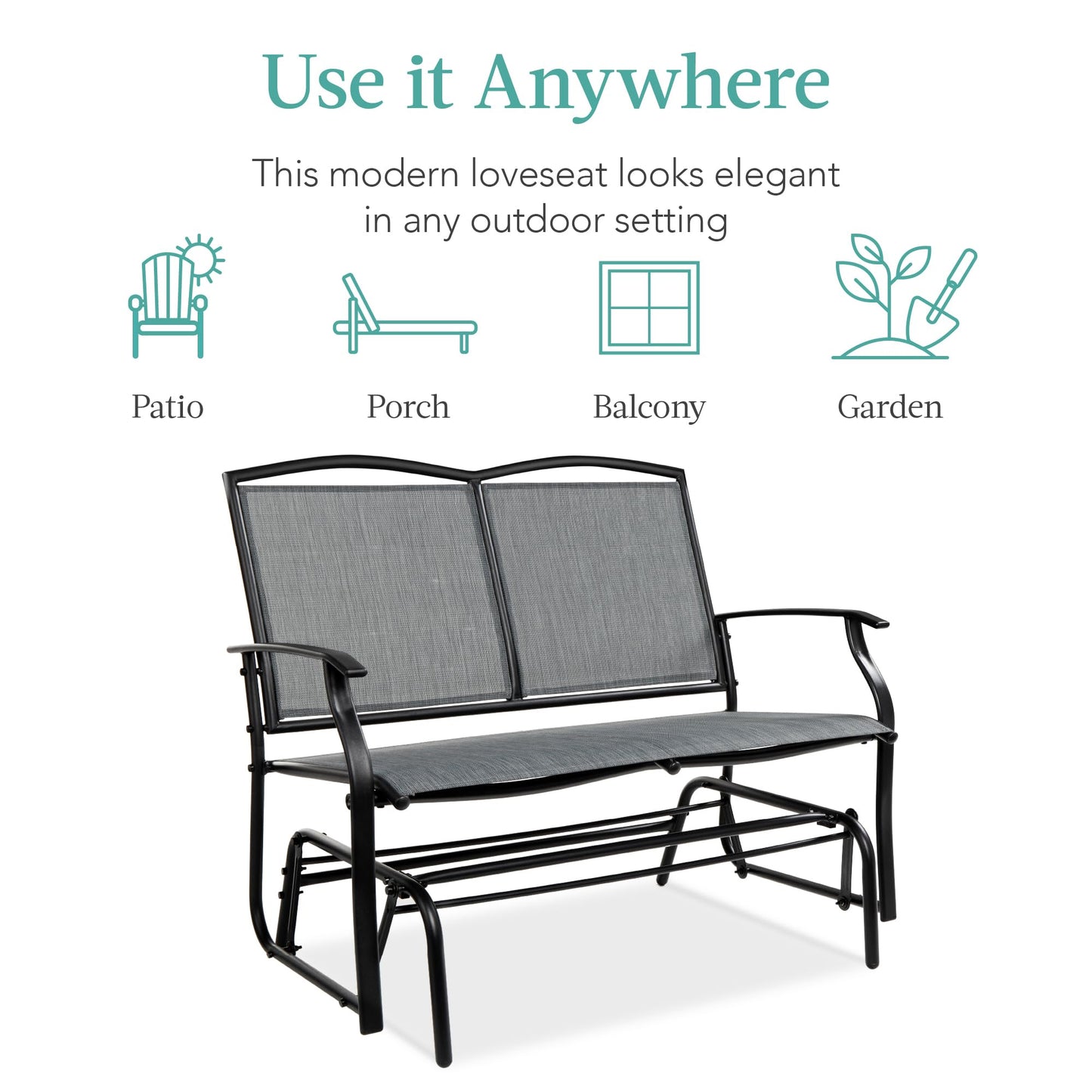Best Choice Products 2-Person Outdoor Patio Swing Glider Steel Bench Loveseat Rocker for Deck, Porch w/Textilene Fabric, Steel Frame - Gray