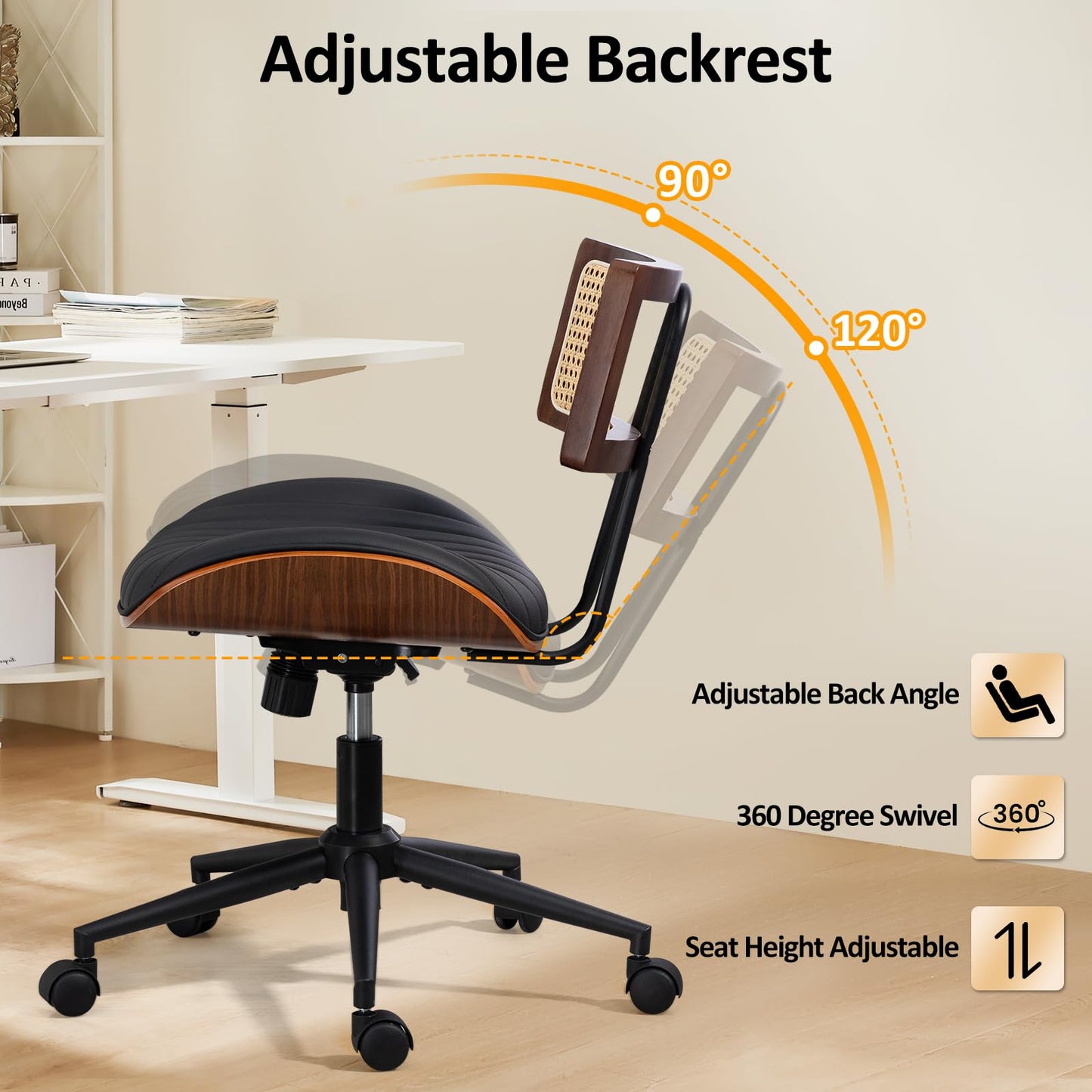 Newnno Home Office Chair with Wheels, Adjustable Height Desk Chair with Rattan Backrest, Leather Swivel Computer Chair, Armless Modern Walnut Chair for Office, Meeting Room, Black