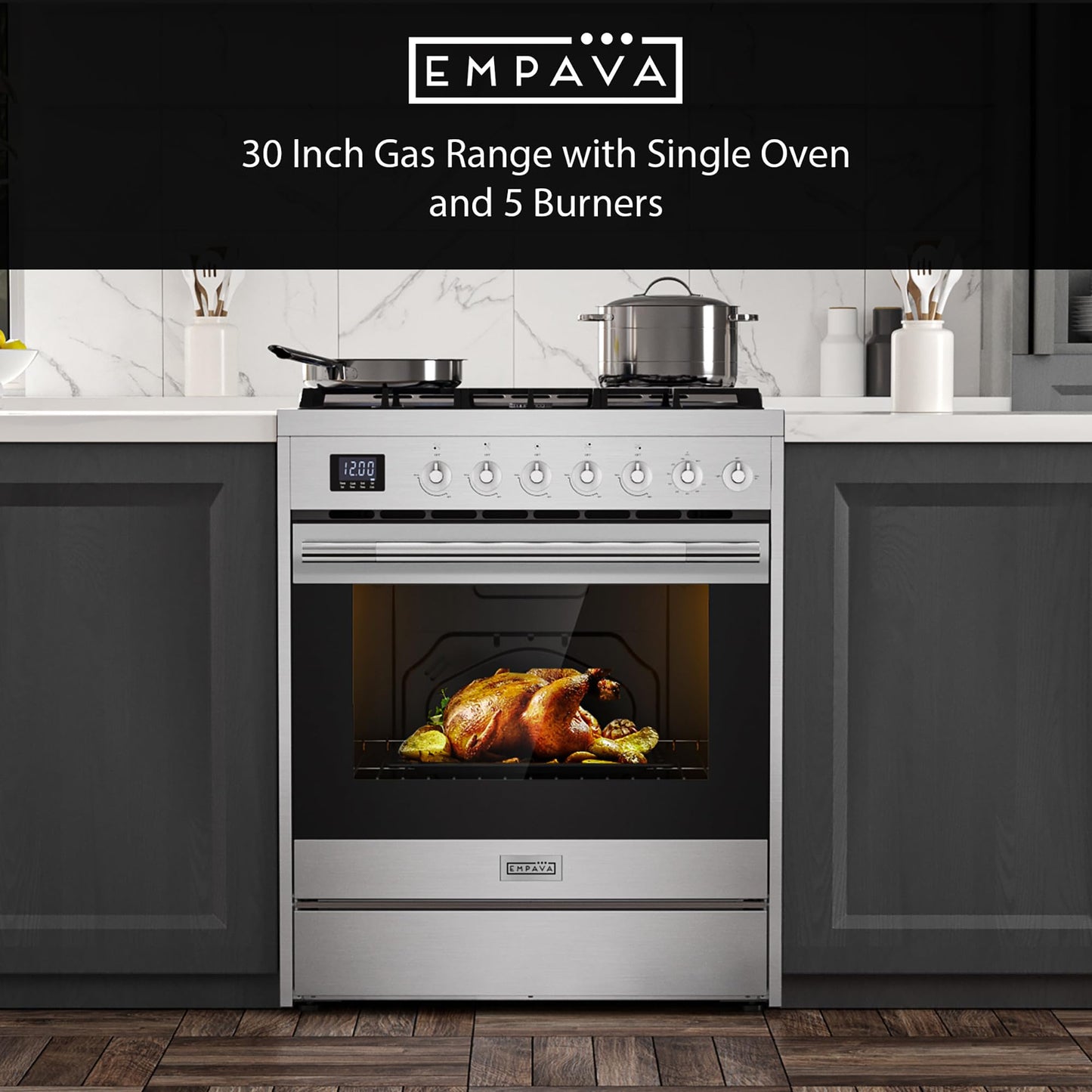 Empava Gas Range, Convection Oven 5.0 Cu. Ft with Touch Timer, 5 Deep Recessed Burners Cooktop, Heavy Duty Continuous Grates in Stainless Steel, Freestanding & Slide-in,30 Inch