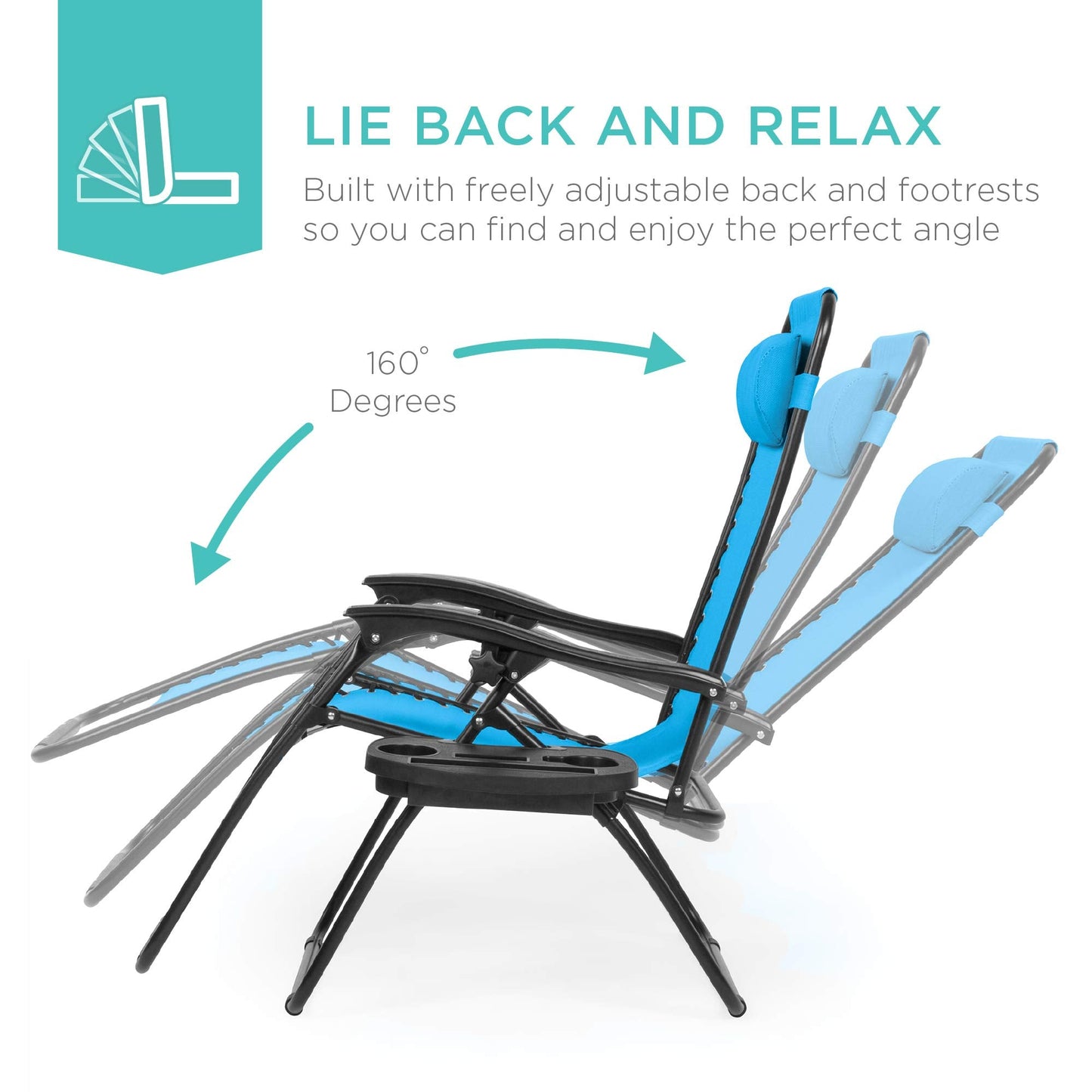Best Choice Products Set of 2 Adjustable Steel Mesh Zero Gravity Lounge Chair Recliners w/Pillows and Cup Holder Trays - Light Blue