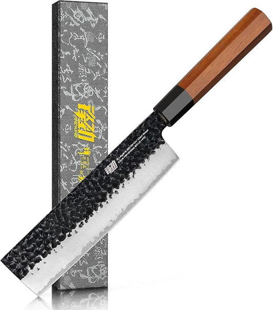 FINDKING Japanese Nakiri Knife 7 Inch, Vegetable Cleaver with High Carbon Steel Blade, Rosewood Octagonal Handle, for Vegetable Prep, Slicing, Chopping and Mincing, Dynasty Series