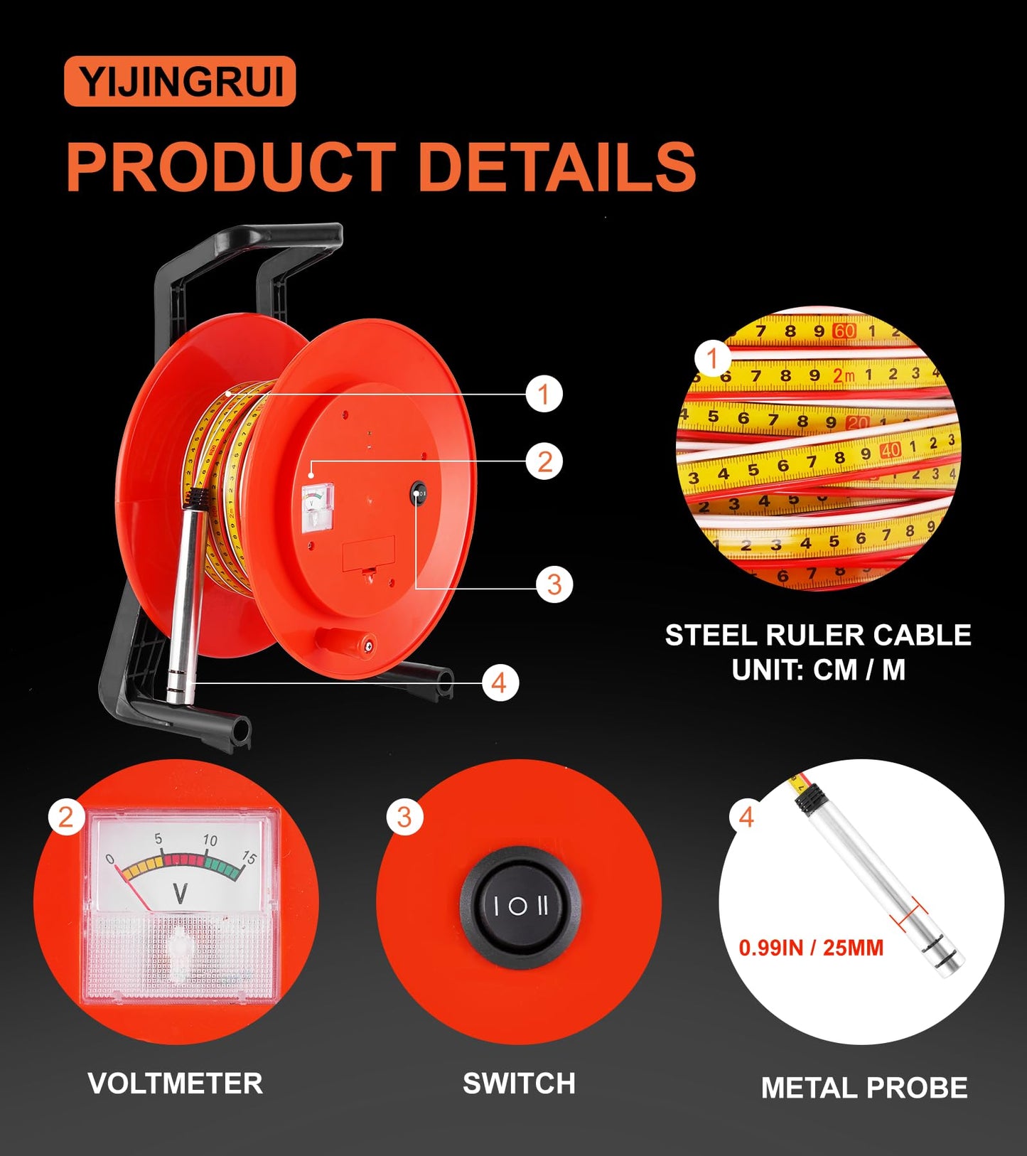 YJINGRUI 165ft/50m Water Level Meter, Water Well Measurement, Water Level Gauge with Fixed Probe and Steel Tape (Diameter 25mm Probe)