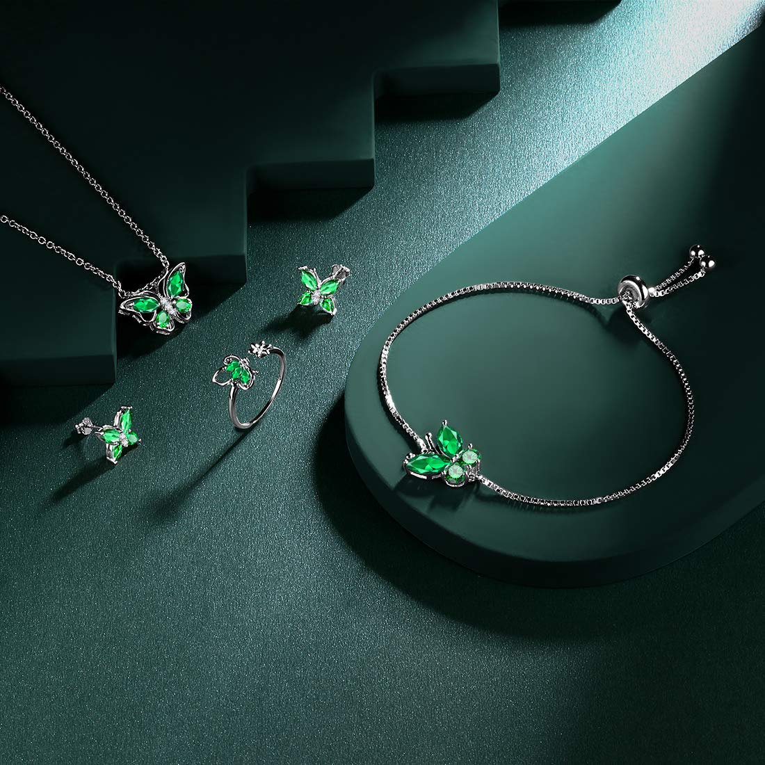 Hipunk Butterfly Green Jewelry Sets Birthstone Women 925 Sterling Silver May-Emerald Birth Stone Animal Butterflies Jewelry Sets/Earring/Ring/Bracelet Set Crystal Birthday Jewelry SS0003G