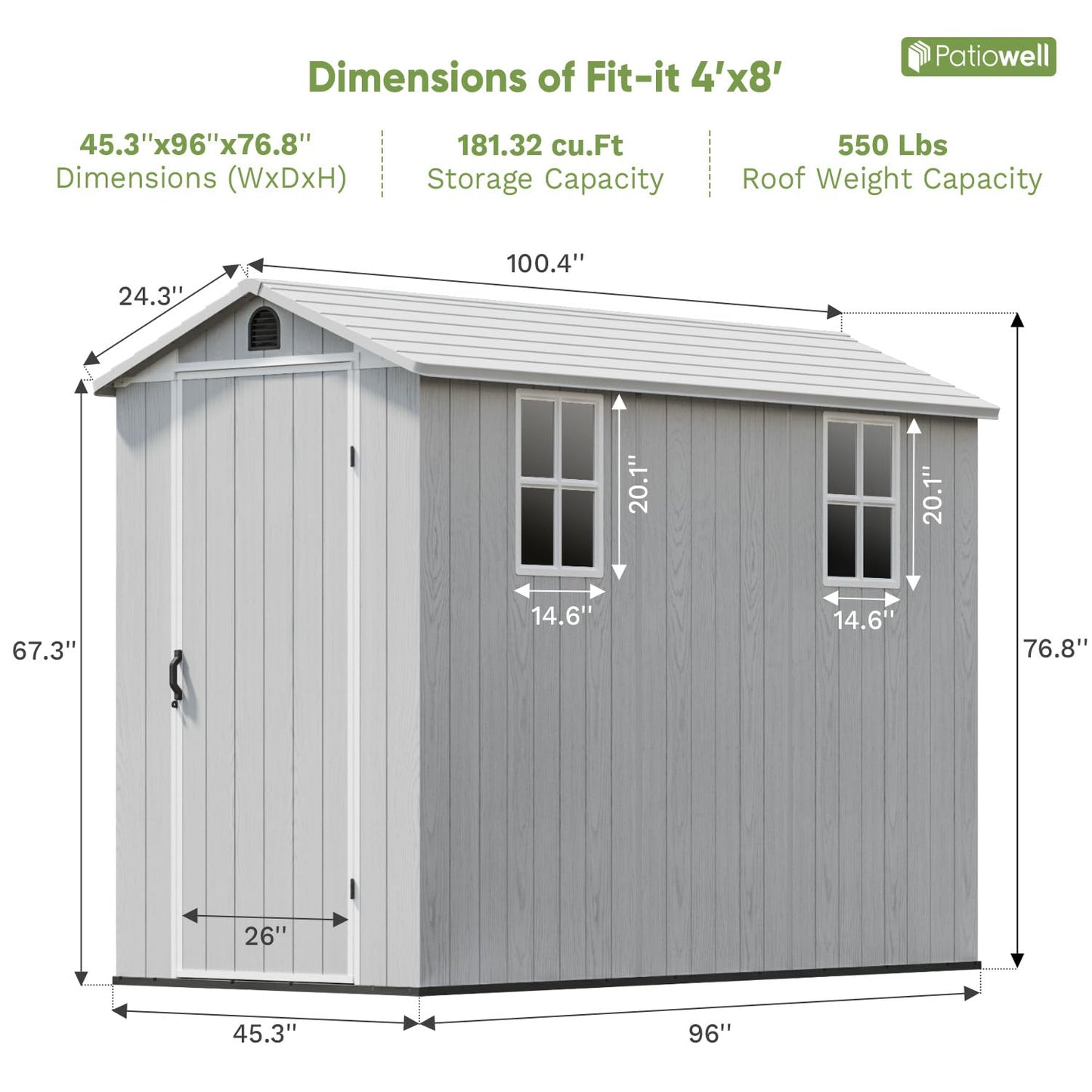 Patiowell 4x8 FT Resin Outdoor Storage Shed with Floor & 2 Windows, Large Plastic Garden Shed with Lockable Door for Backyard, Patio, and Lawn, Gray (Fit-it Shed)