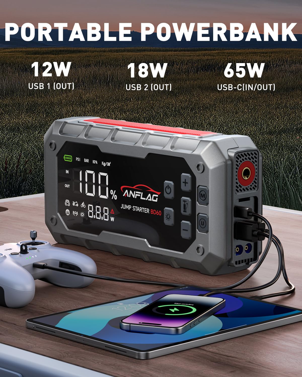 ANFLAG 10-in-1 Car Jump Starter with Air Compressor, 8000A 160PSI Jump Starter Jump Box(All Gas/14L Diesel), PD65W Charging Battery Jumper Starter Portable Jumper Cable with 160W DC, Gloves, Lights