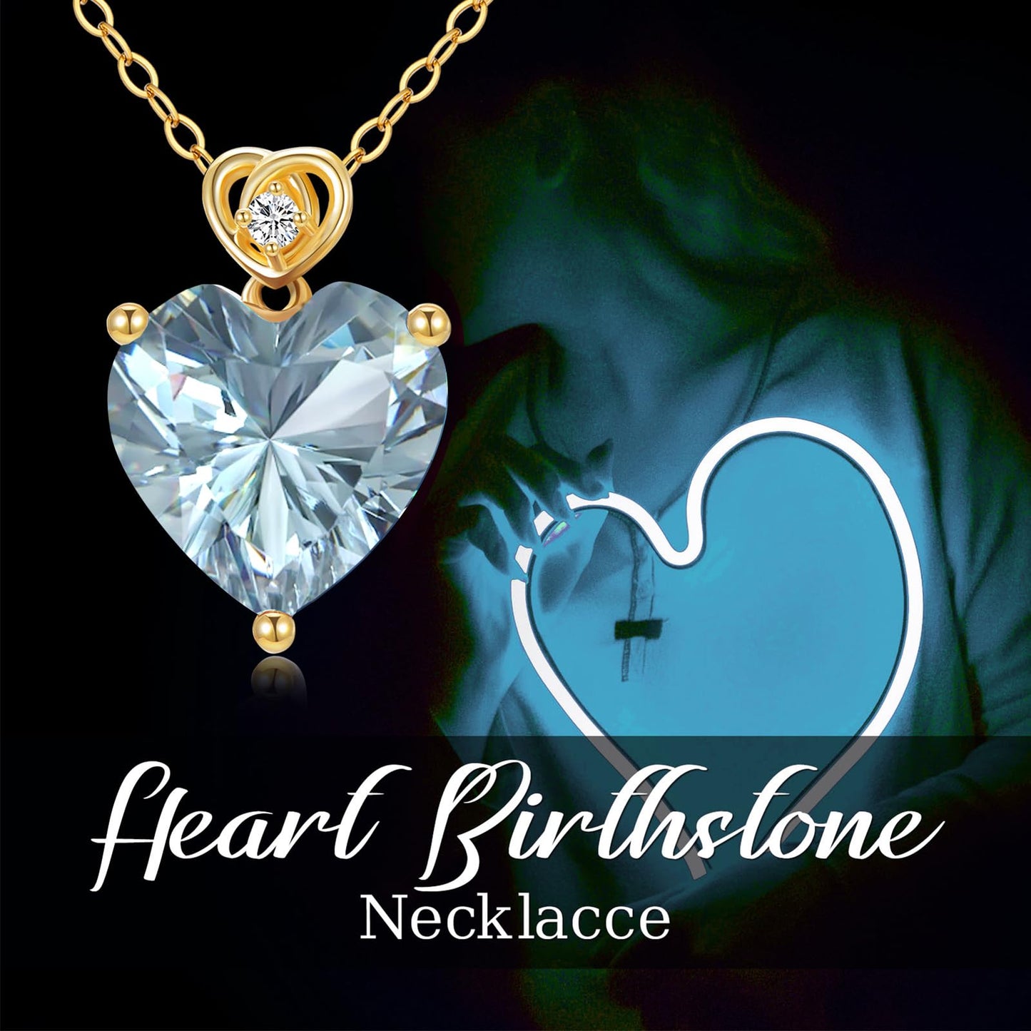NFYBD 14k Gold Love Heart Aquamarine Birthstone Pendant Necklace for Women 3 Carat Heart-cut Created Gemstone Anniversary Birthday Mother's Day Necklaces for Her 16+1+1 inch-Mar