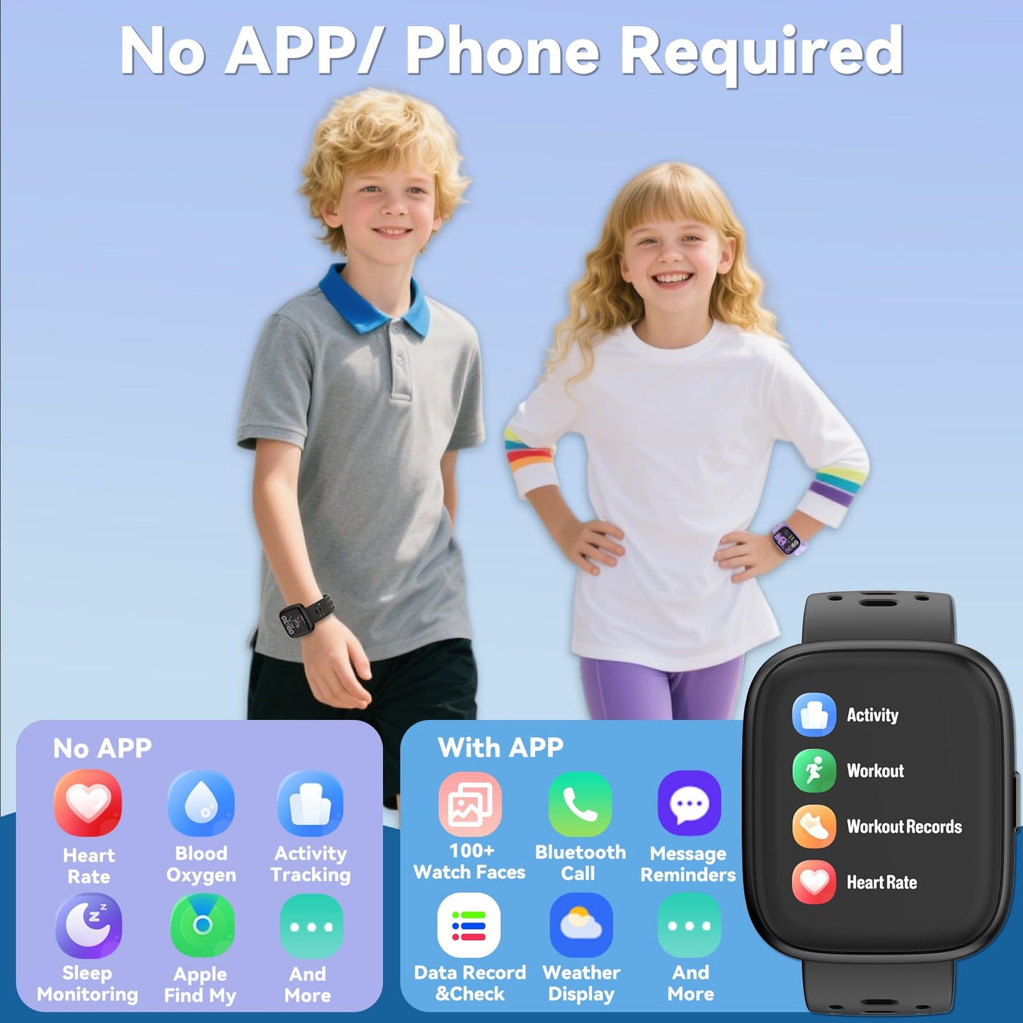 Fitness Tracker for Kids No APP No Phone Needed, Compatible with Apple Find My, 1.83" Smart Watch, Heart Rate, Sleep Monitor, IP68 Waterproof, Step Counter, Gifts for Girls Boys Teens 5-16