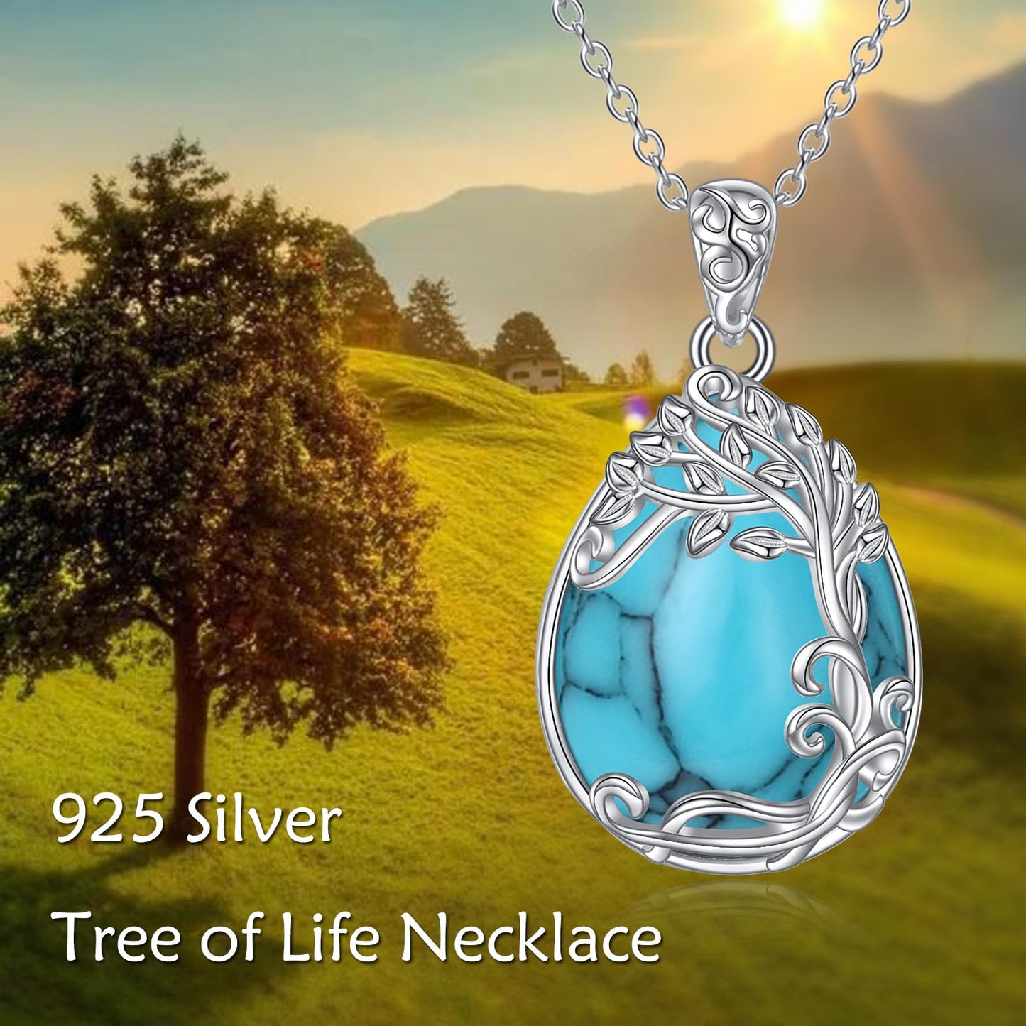 YAFEINI 925 Sterling Silver Turquoise Necklace Tree of Life Teardrop Pendant Necklace Turquoise Jewelry for Women (OO-Tree of Life Turquoise Necklace)