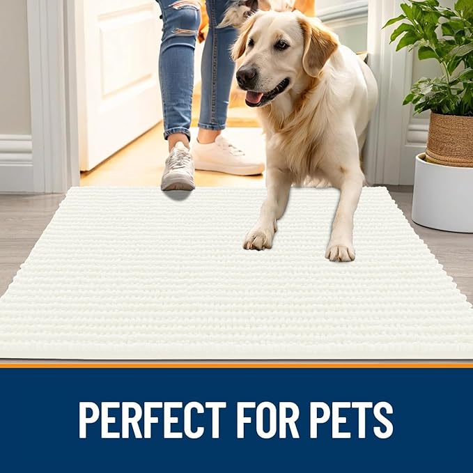 OLANLY Dog Door Mat for Muddy Paws 40x32, Ultra Absorbent Chenille Mud Doormat, Non-Slip Washable and Dirt Trapping Doormat for Indoor Entryway, Quick-Dry Indoor Pet Bed Mats for Dogs, Ivory