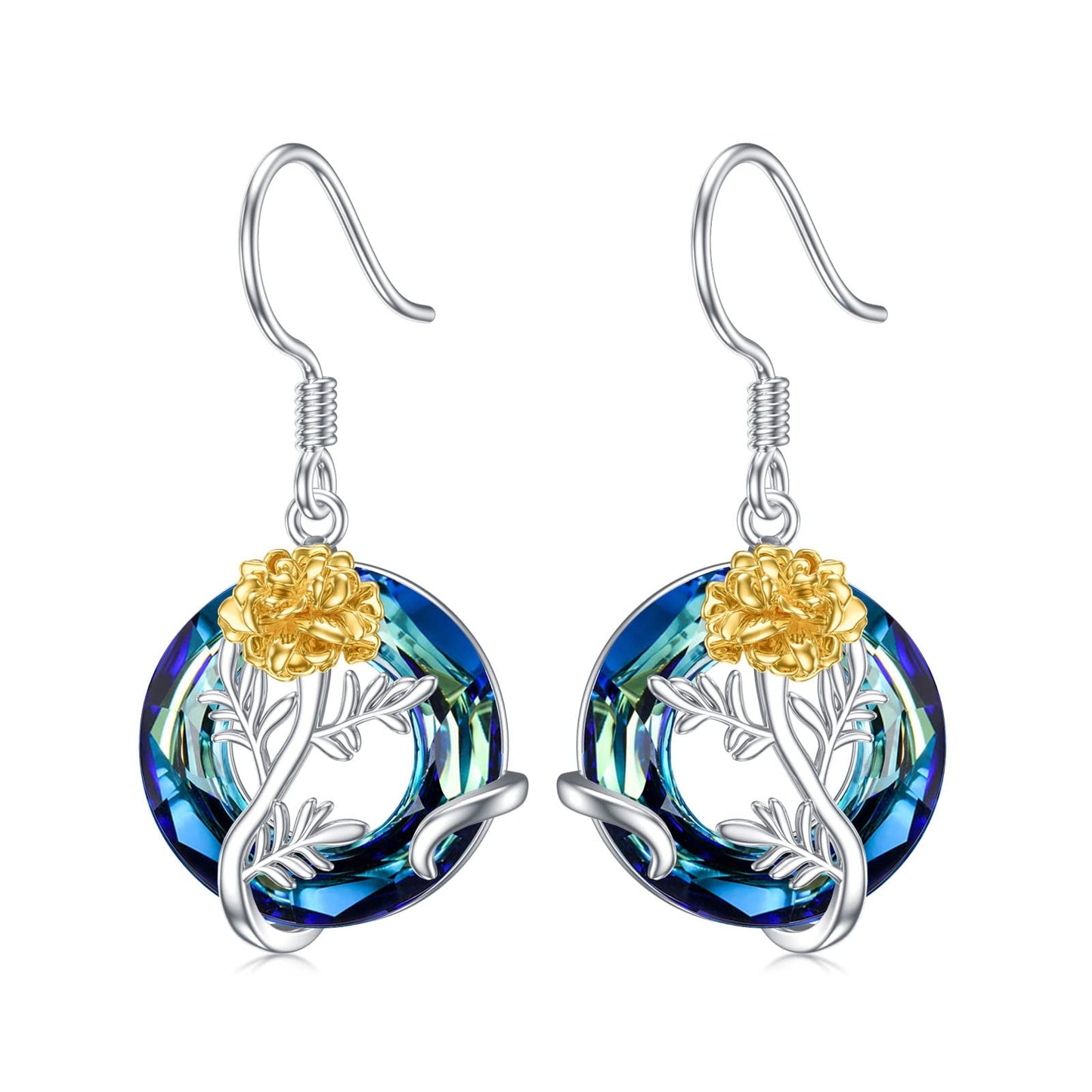 TOUPOP October Birth Flower Earrings Marigold Drop Dangle Earrings Blue Crystal Jewelry Birthday Mothers Day Gifts for Women Mom Her