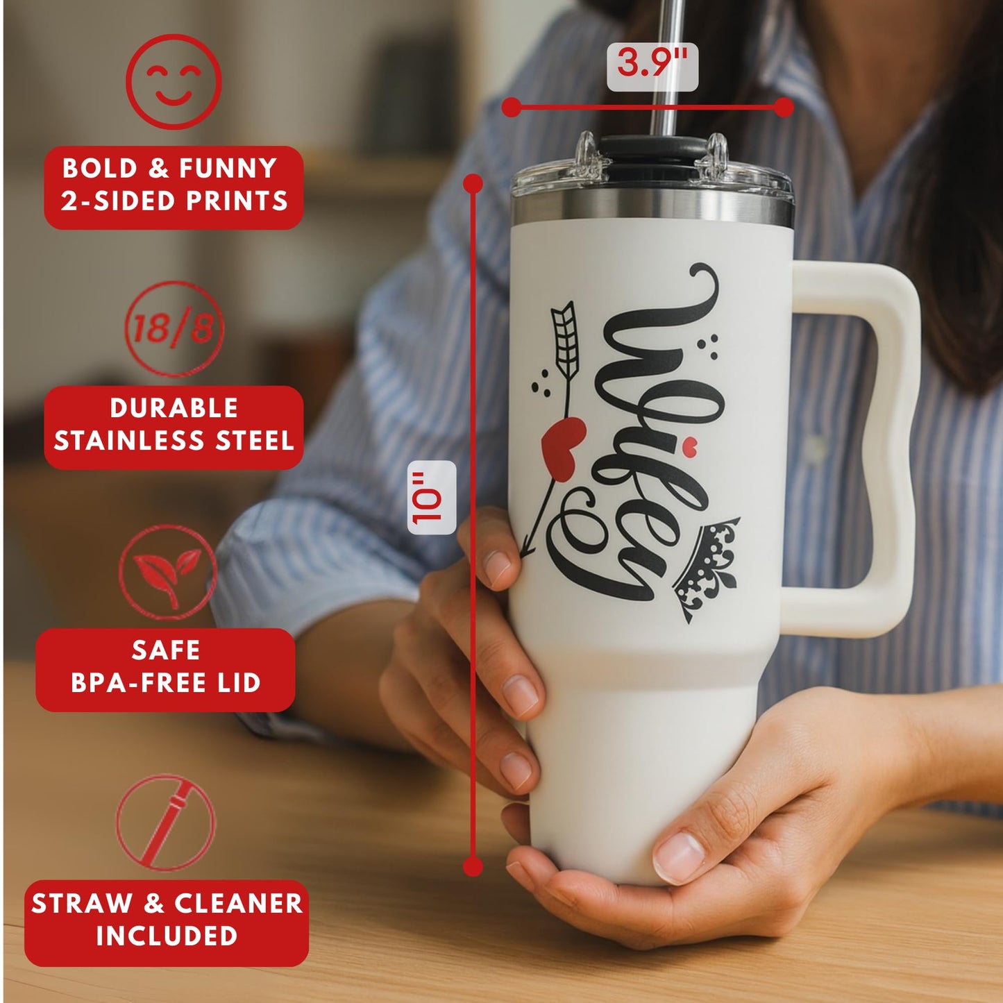 Mothers Day Gifts for Wife - Wife Tumbler 40Oz from Husband, Wifey Gifts on Birthday & Anniversary, Present Ideas for Wifey Her, Cool Wedding Coffee Cup with Straw and Handle, Drinking Mug for Women