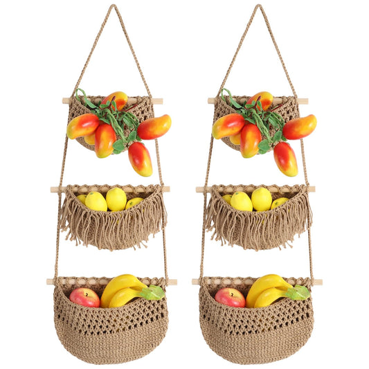 2 Pcs 3 Tier Hanging Fruit Basket for Kitchen - Natural Cotton Rope Wall Storage Baskets, 35.4 Inch Long Hanging Produce Organizer, Decorative Bohemian Style Kitchen Decor