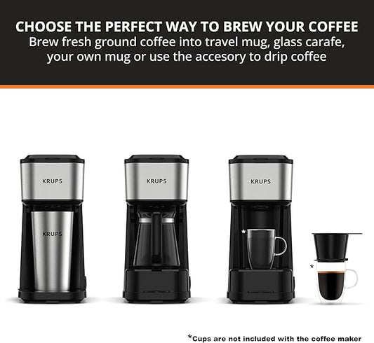 KRUPS Simply Brew Coffee Maker - Multi-Serve 4-in-1 with Stainless Steel Travel Tumbler, Black, 14oz