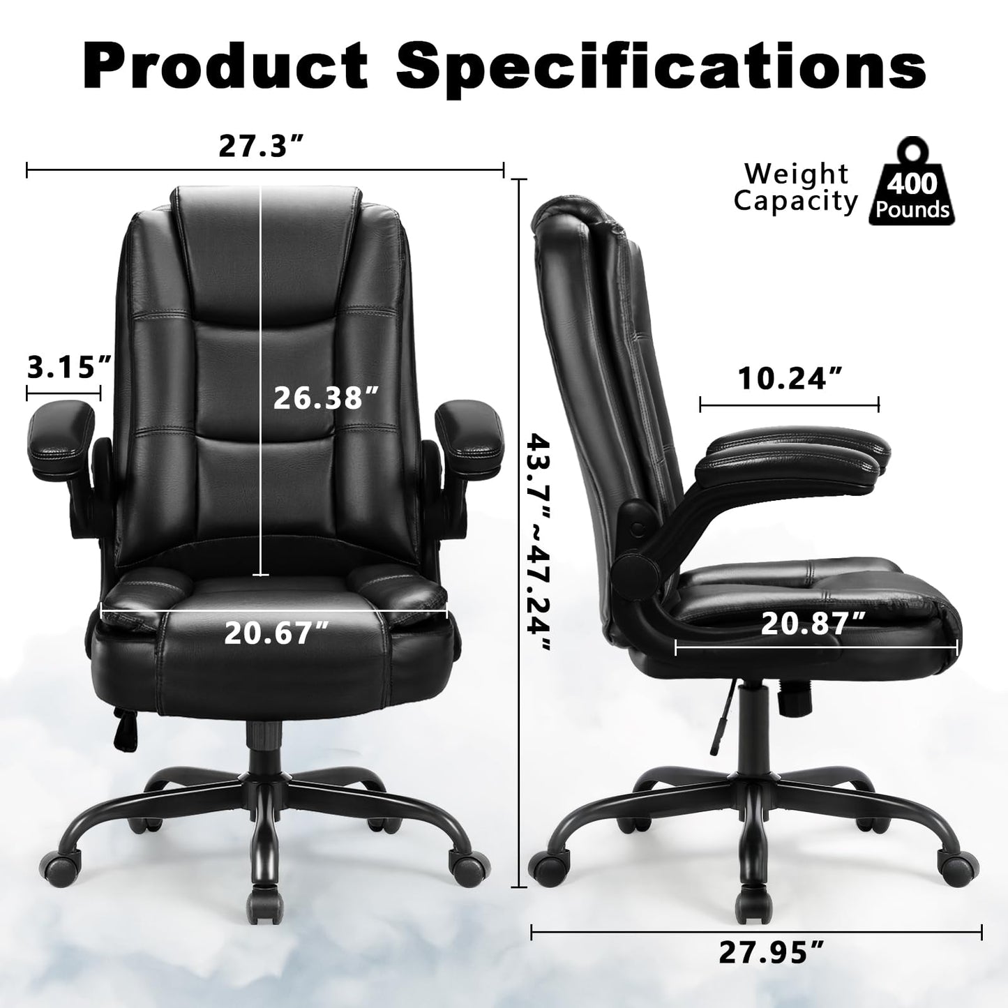 OFIKA Big and Tall Office Chair Computer Desk Chair - Ergonomic High Back Lumbar Support Home Office Chair with Padded Flip-up Arms, Adjustable Height Leather Office Executive Chair (Black)