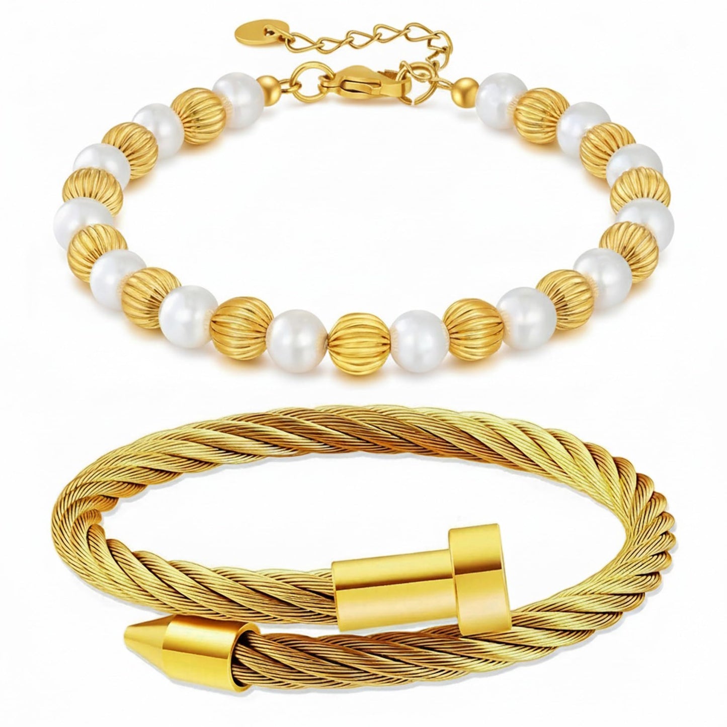 LCTrusttmor Gahna 18K Gold Plated Bangle Bracelet for Women, Non-Tarnish Stackable Nail Bracelets Set With Beaded, Dainty Adjustable Cubic Zirconia Snake Chain With Pearl Crystal Beaded, Trendy Jewelry Mother's Day Birthday Gifts for Lover Mom Her