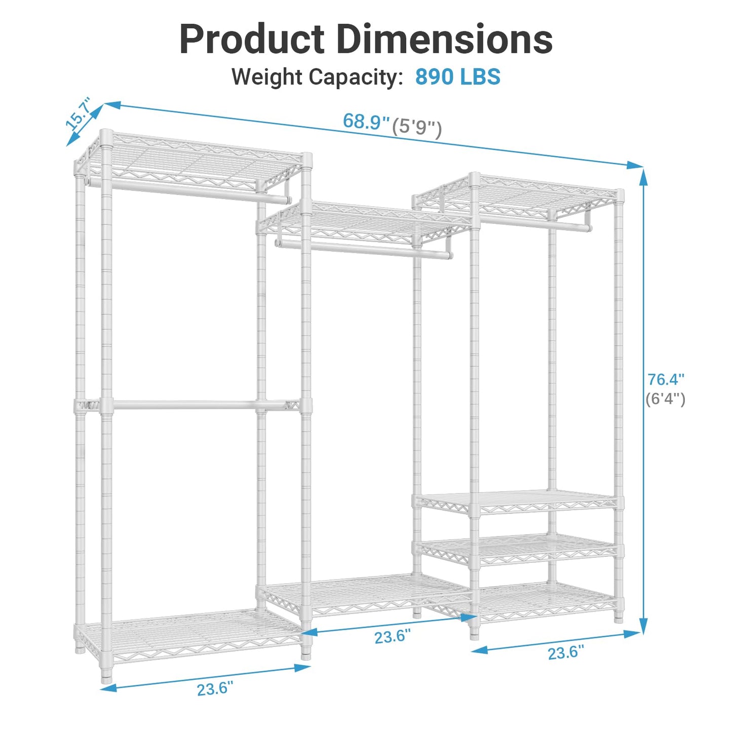 VIPEK V5 Portable Closet Wardrobe Heavy Duty Clothes Rack, Freestanding Clothing Racks with 4 Hang Rods & 8 Shelves, Adjustable Custom Closet Racks, 68.9" L x 15.7" W x 76.4" H, Max Load 800LBS, White