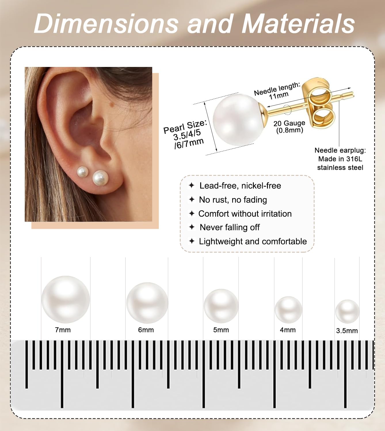 10 Pairs Pearl Stud Earrings for Women, 14K Gold Filled Polished Small Pearl Earrings Set, 20G Hypoallergenic Surgical Steel Piercing Studs for Sensitive Ear, Lightweight Shiny Earrings Studs for Helix Tragus Cartilage Multiple Piercing, Gold+Silver, 3.5-