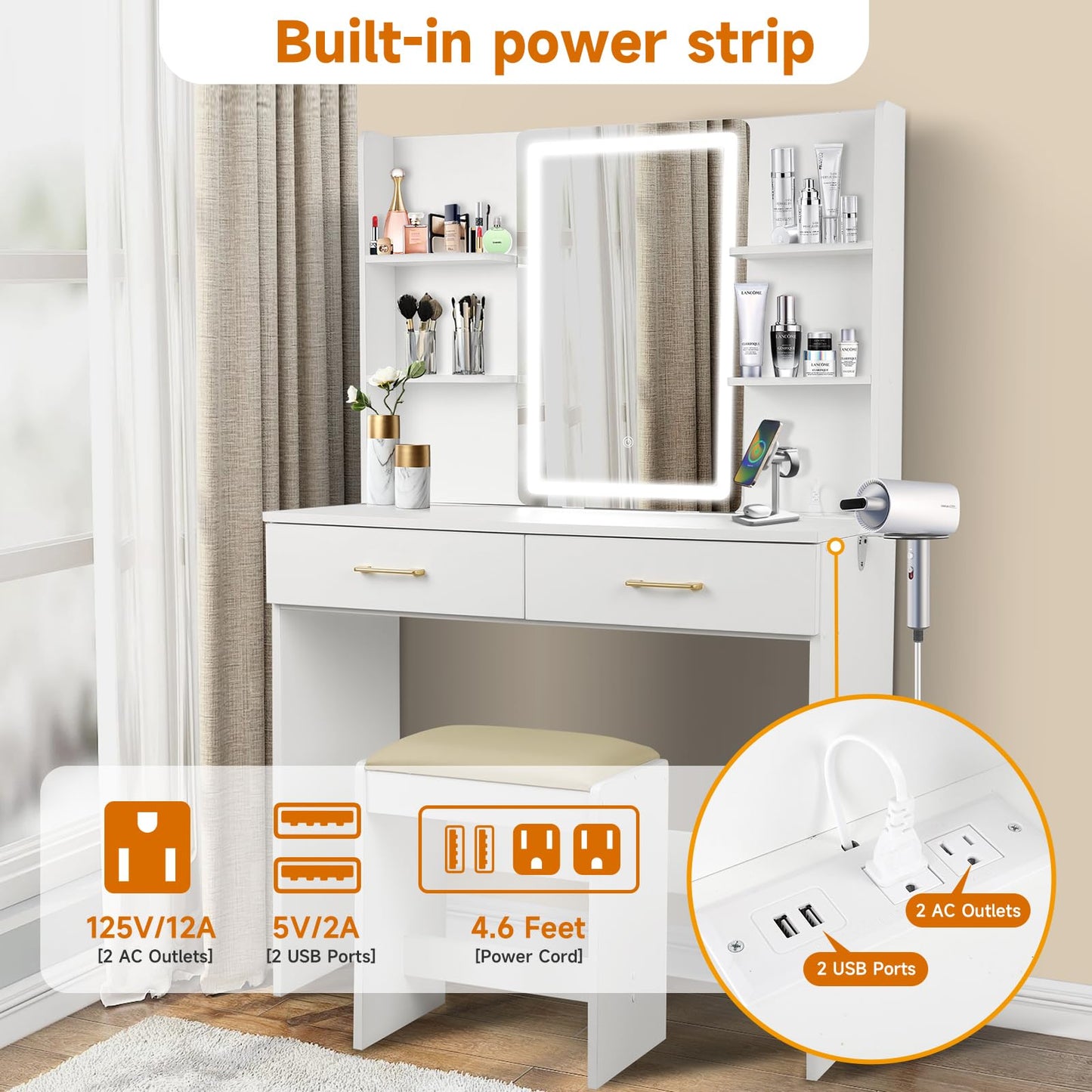 QUALIKRAFT White Vanity Set with LED Mirror & Stool, Makeup Desk with Built-in Power Outlet (2 AC & 2 USB), 2 Large Drawers & 6 Shelves, Lighted Dressing Table for Bedroom Organization