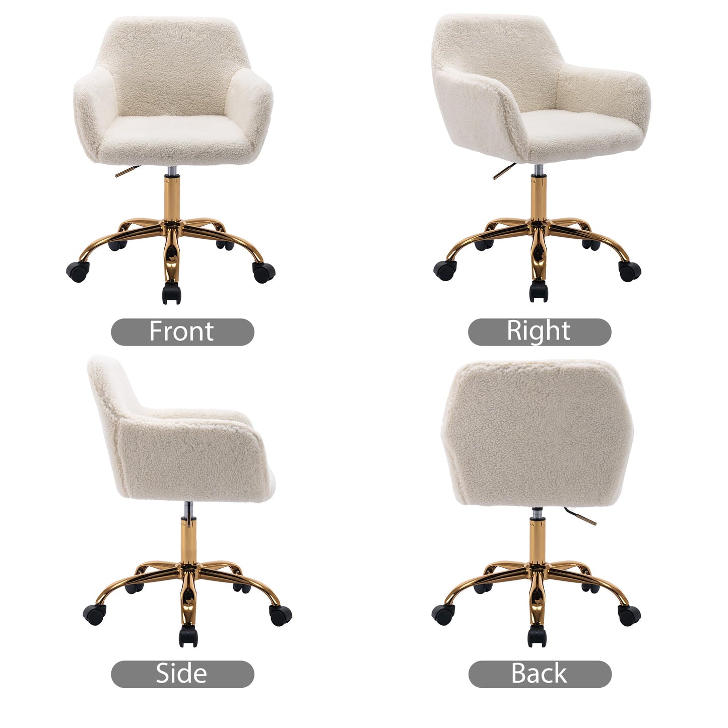 KCC Faux Fur Office Desk Chair, Comfy Swivel Armchair with Wheels, Upholstered Fuzzy Vanity Chair, Adjustable Height, White