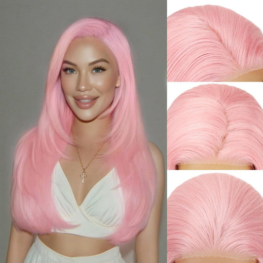 Kmzbasg Light Pink Lace Front Wig for Women Pre-Plucked Pre Cut Glueless Long Straight Layered Synthetic Ready to Wear Wig 4x6 HD Lace for Girls Party Cosplay and Daily Use 26 Inch