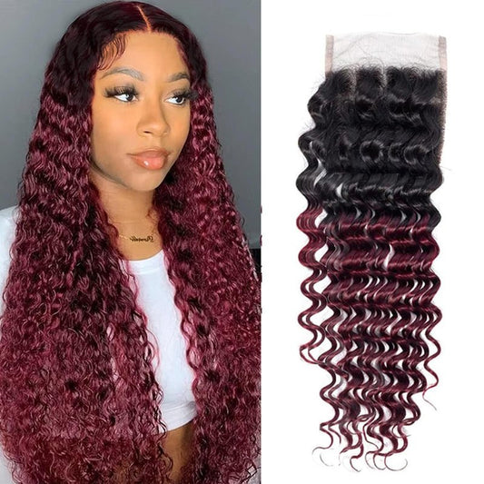 1b99j Burgundy Deep Wave Ombre Closure 4x4 Transparent Lace Closure Human Hair Unprocessed Brazilian Virgin Remy Hair High Density 2 Tone 1b/99j Wet And Wavy Deep Curly 18 Inch