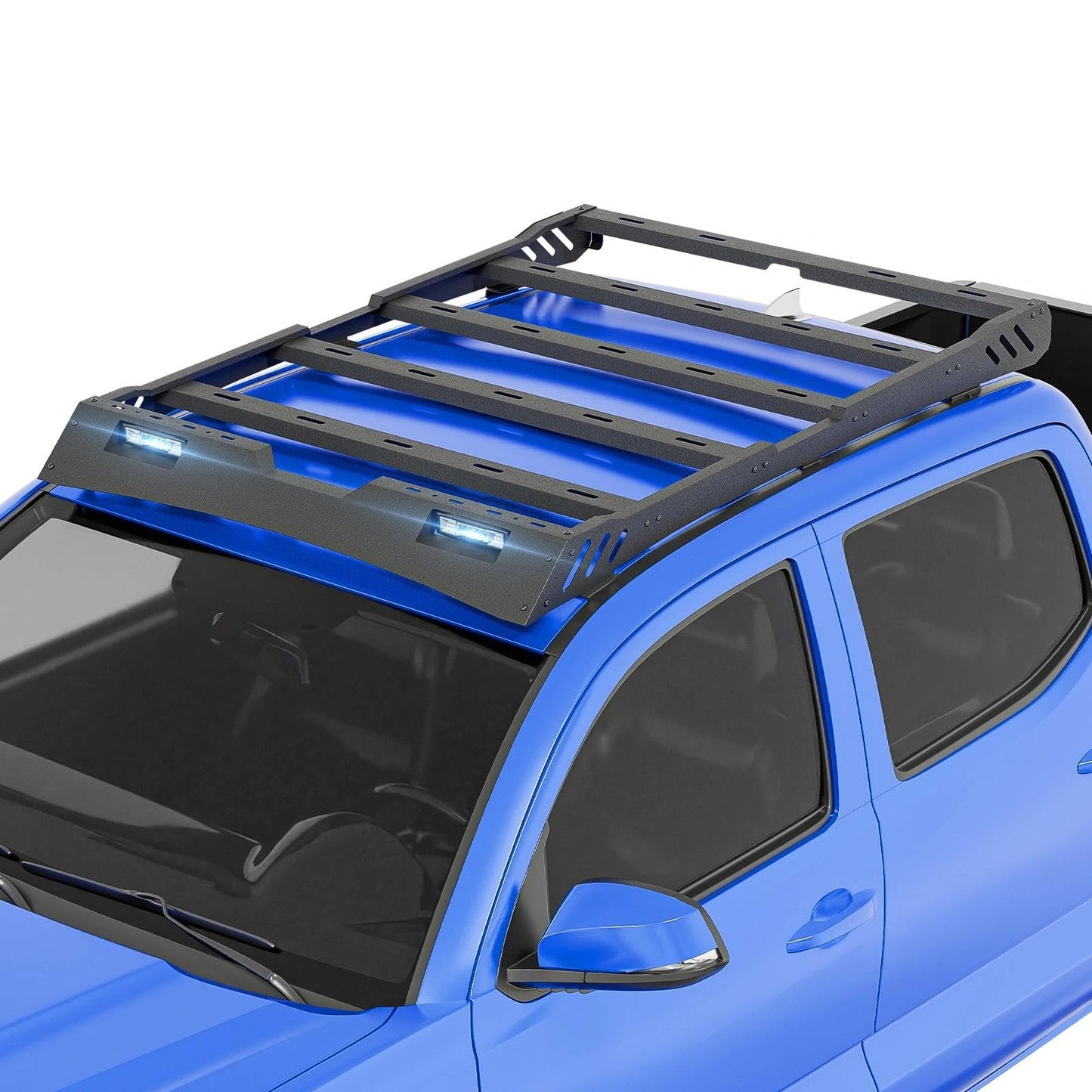 SUORTO Cargo Basket Top Roof Rack Compatible with 2005-2023 Tacoma Double Cab/Crew Cab (4 Full-Size Doors), Overland Truck Cargo Carrier Rooftop Luggage Storage Holder with LED Light Bar