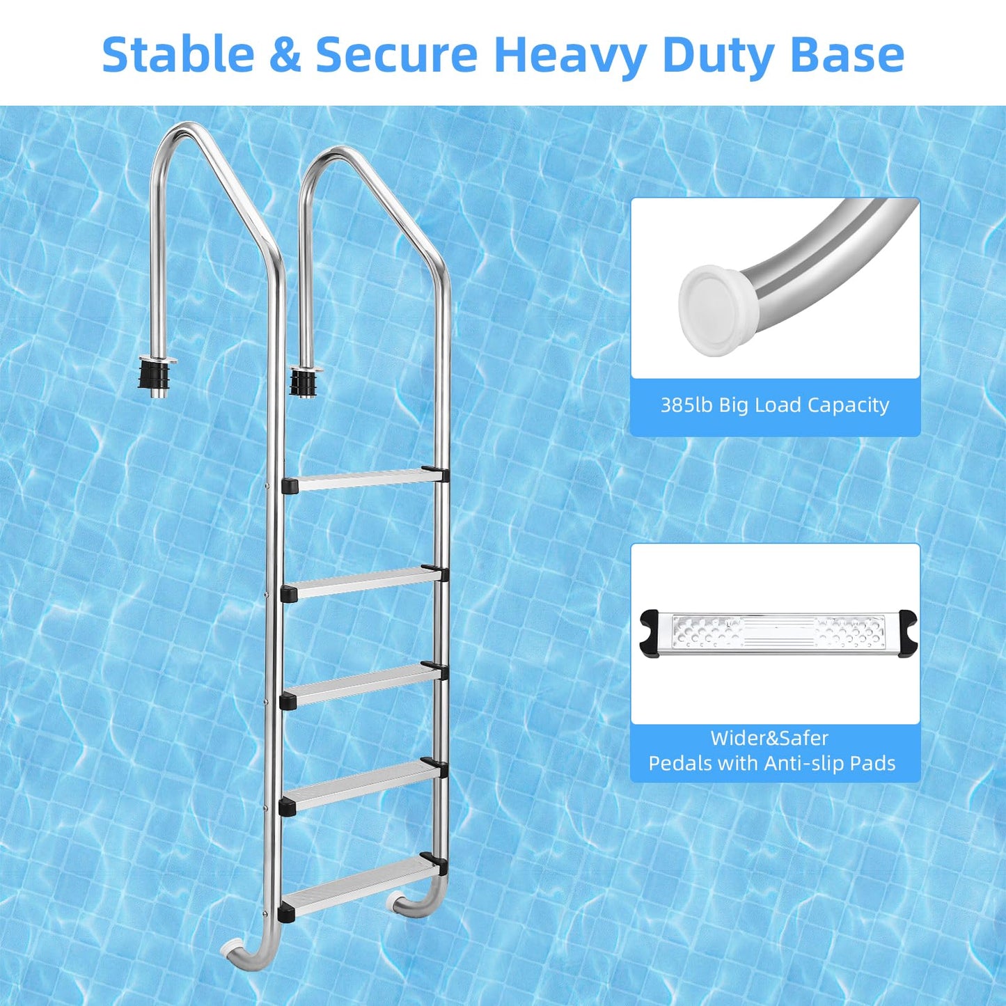 Swimming Pool Ladder, 5-Step Thickened Stainless Steel, Heavy Duty Non-Slip Above Ground Pool Ladder, Weight Capacity 385lbs, for Indoor/Outdoor Pool, Easy Assembly, Sliver
