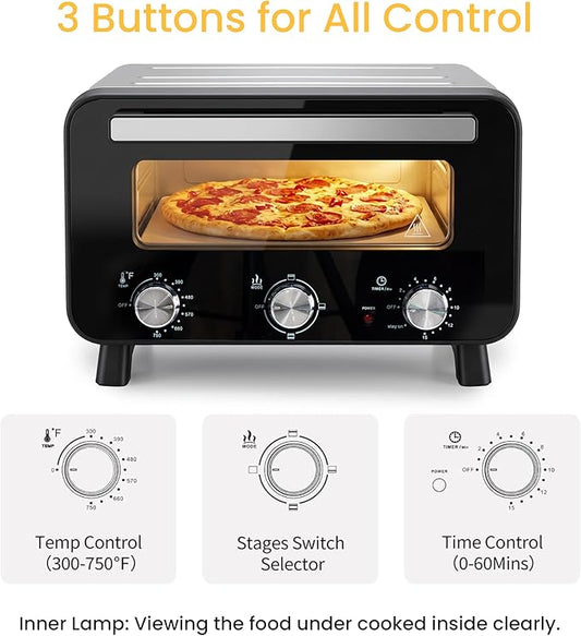 Simple Deluxe 1600W Indoor Electric Pizza Oven, 4 Cooking Modes for 12" Pizza, Fast Heating with Dual Independent Temp Control, Includes Pizza Stone & Spatula, Black