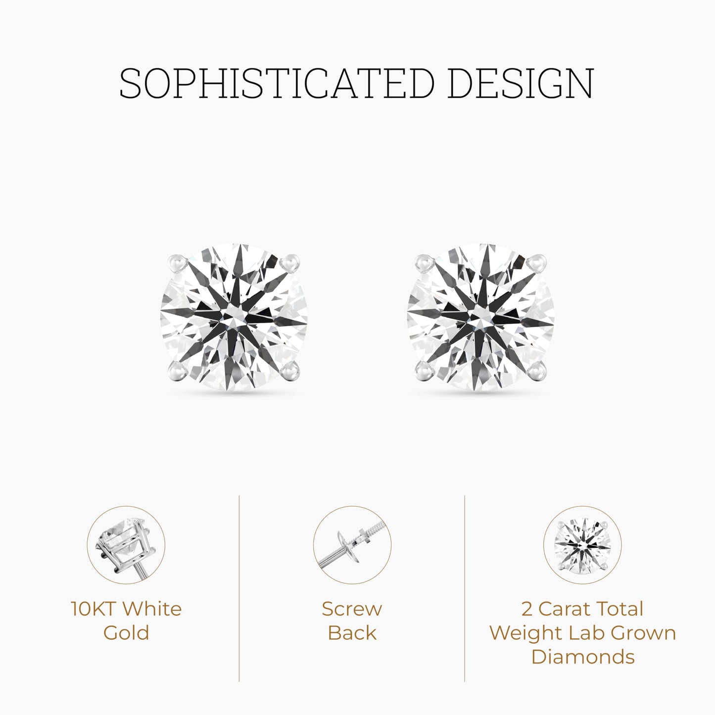 Gilded 2 Carat Total Weight IGI Certified Lab-Grown Diamond 10KT White Gold & Yellow Gold Stud Earrings for Women| Hypoallergenic Fine Gold Jewelry | 4-Prong Basket, Screw Back Nut | VS2-SI1 Clarity, F color, Brilliant Cut diamonds Clarity, F Color, Round