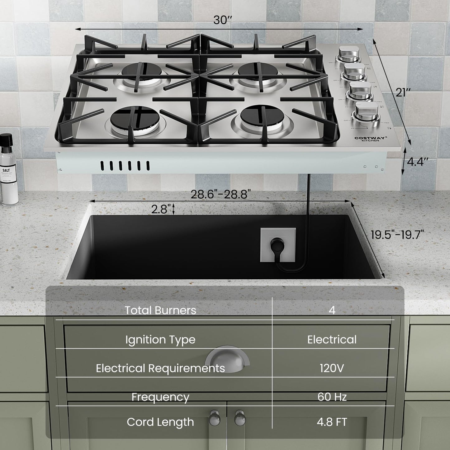 COSTWAY 30-inch Gas Cooktop, Stainless Steel Stove Top with 4 Burners, ABS Knobs and Cast Iron Grates, NG/LP G Convertible Gas Range Top with Sealed Burners for Kitchen, Easy to Clean, Silver