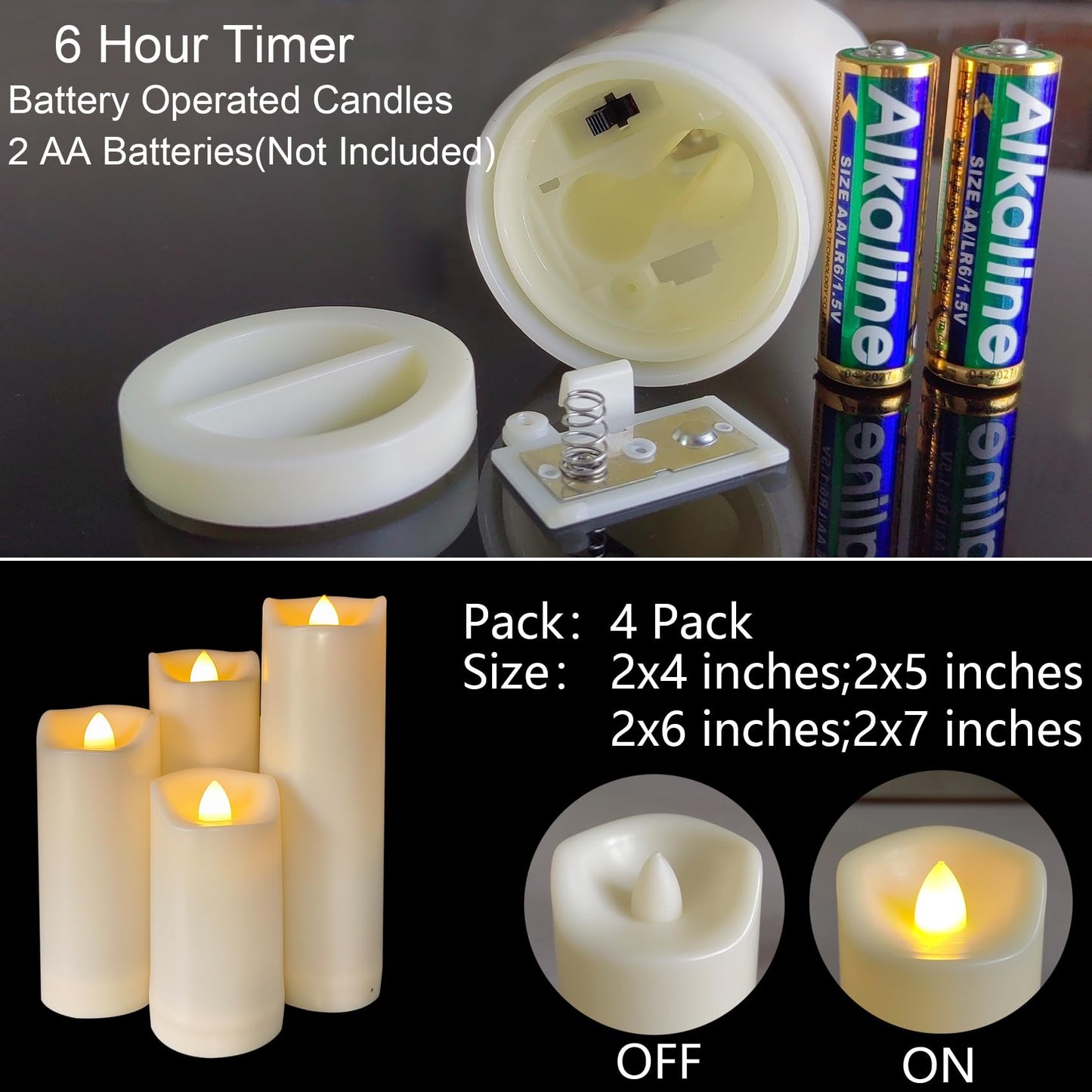 4 Pack Battery Operated Candles 2"x4""/5""/6""/7"" Plastic Flickering LED Flameless Candles with Timer Outdoor Waterproof Wedding Party Halloween Christmas Decoration Realistic Slim Tall Pillar Candles"