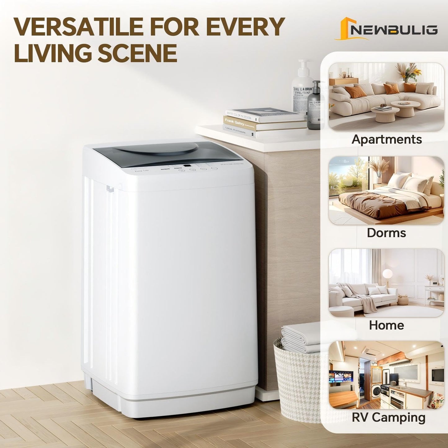 NEWBULIG 1.06 Cu.Ft. Portable Washing Machine, 7.7LBS Full-Automatic Laundry Washer with Stainless Steel Drum, 10 Wash Cycles & Auto-Balance, Compact Washer for Apartment RV Dorm Camping, White