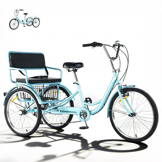 Adult Tricycle 7 Speed 24 Inch Trike, 3 Wheel Bikes Extended Rear wheelbase Trikes Wheel Bike with Rear Basket and Rear Seat, for Women,Men,Seniors,Maximum Load 550lbs (Blue)