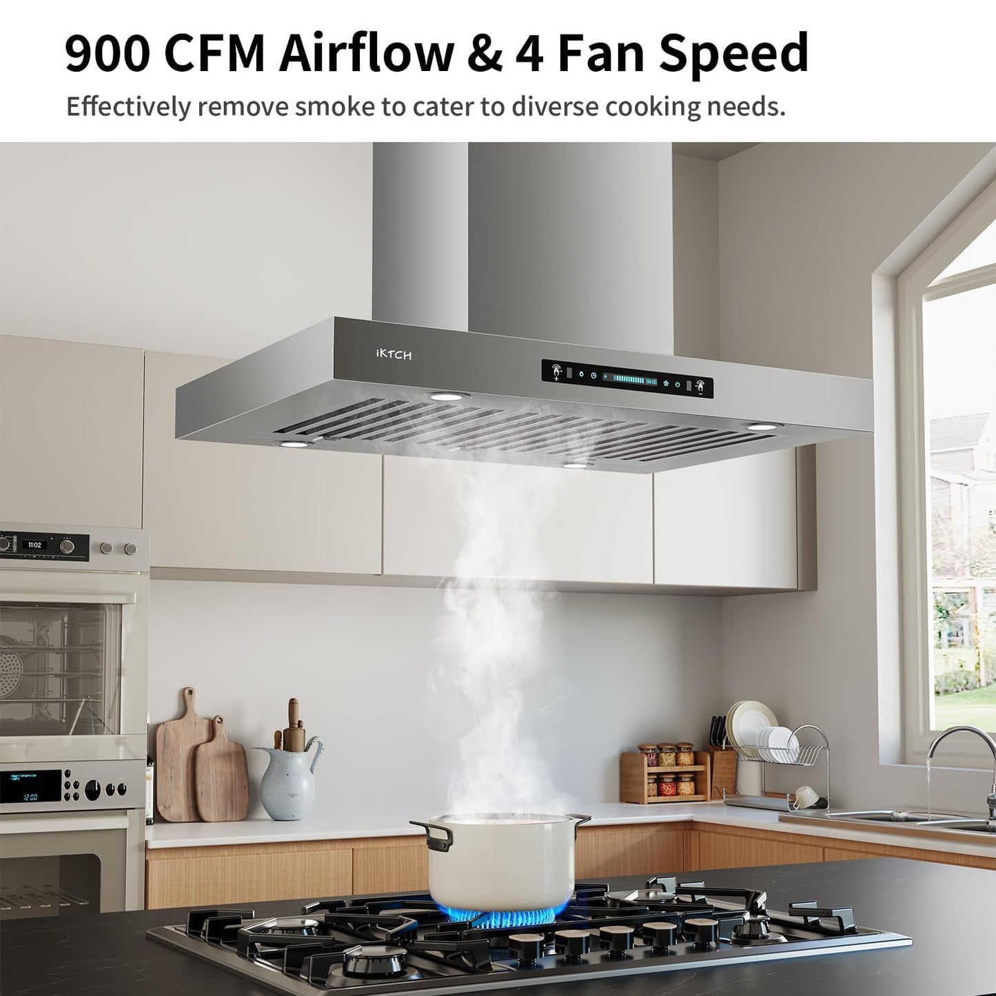 IKTCH Island Mount Range Hood 36 inch, 900 CFM Ducted Range Hood with 4 Speed Fan, Stainless Steel Hood Fan with Gesture Sensing & Touch Control with 3 Pcs Filter