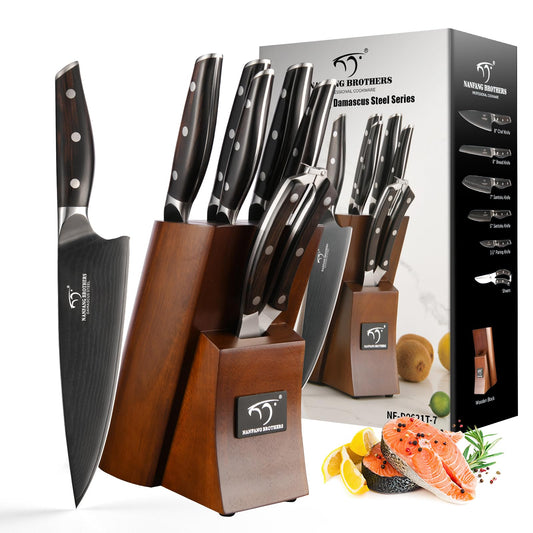 7-Piece Damascus Knife Set with VG10 Core Blades, 67-Layer Damascus Steel, Black Titanium Coated Kitchen Knives for Polished Ebony Wood Handle for a Comfortable, Ultra Sharp Chef Knife Set